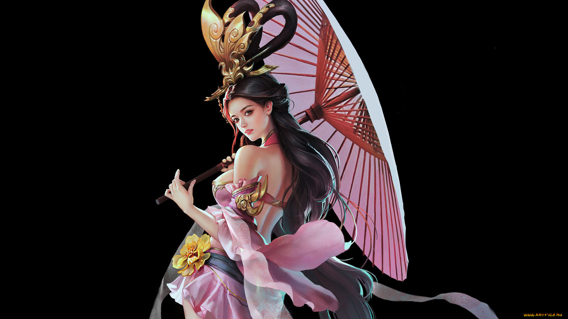 фэнтези, девушки, арт, девушка, взгляд, цветок, платье, зонт, фон