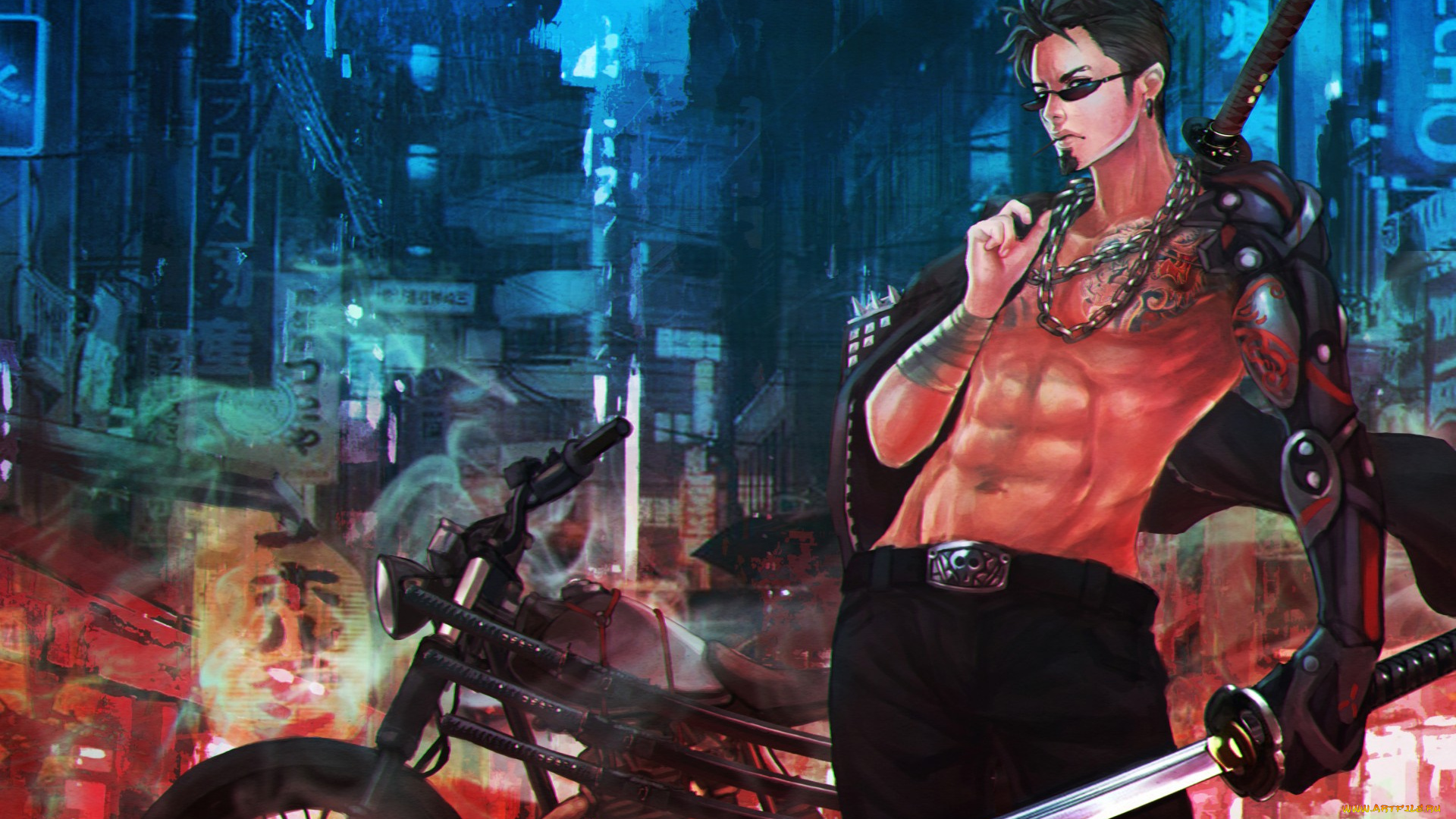 фэнтези, люди, катана, меч, мужчина, убийца, фантастика, арт, байк, мотоцикл, торс, очки, протез, рука