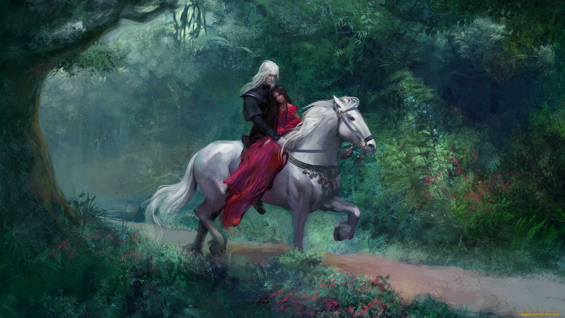 фэнтези, люди, конь, пара, лес