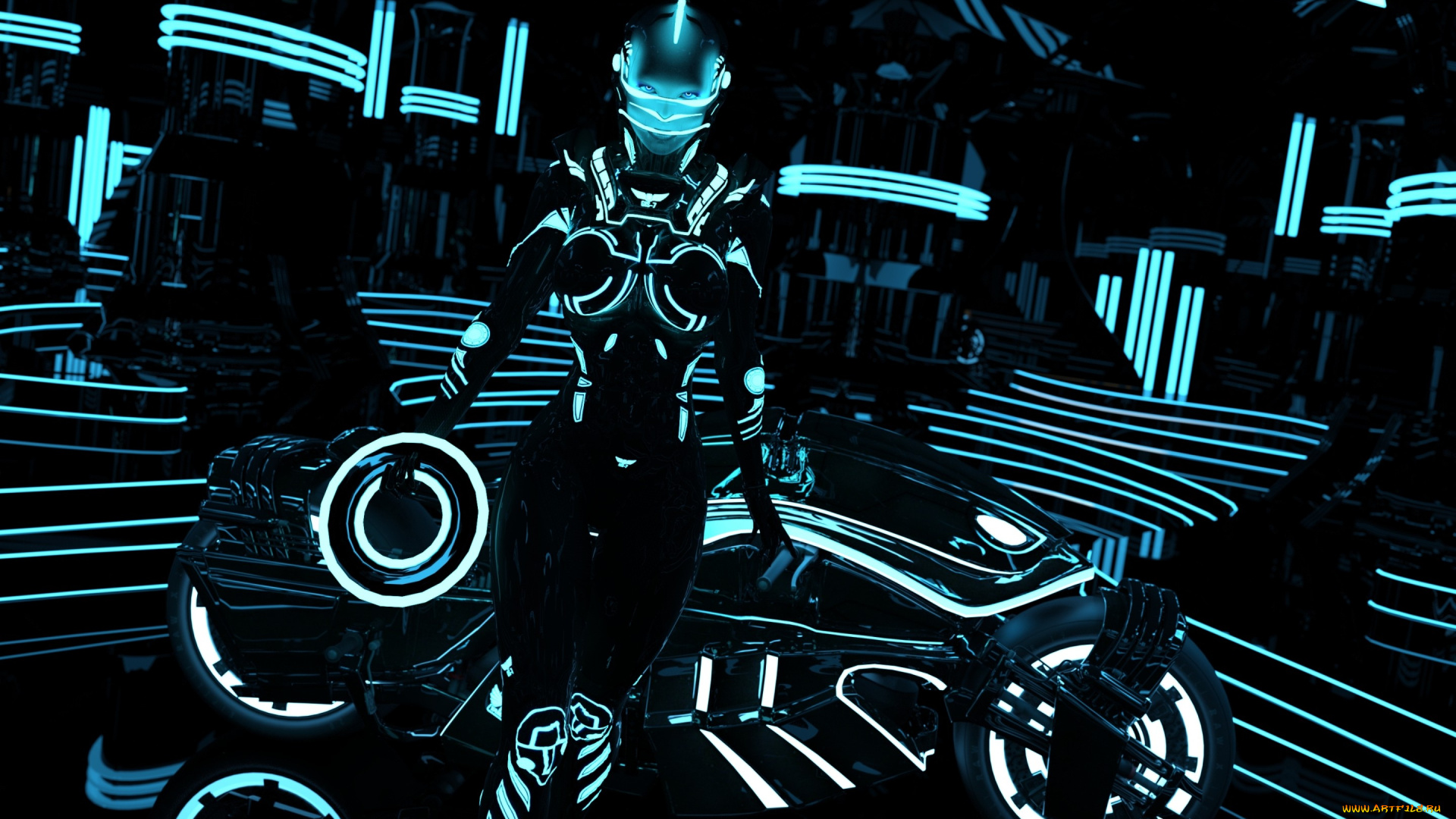 фэнтези, роботы, , киборги, , механизмы, фантастика, девушка, костюм, грудь, рендеринг, light, bike, tron