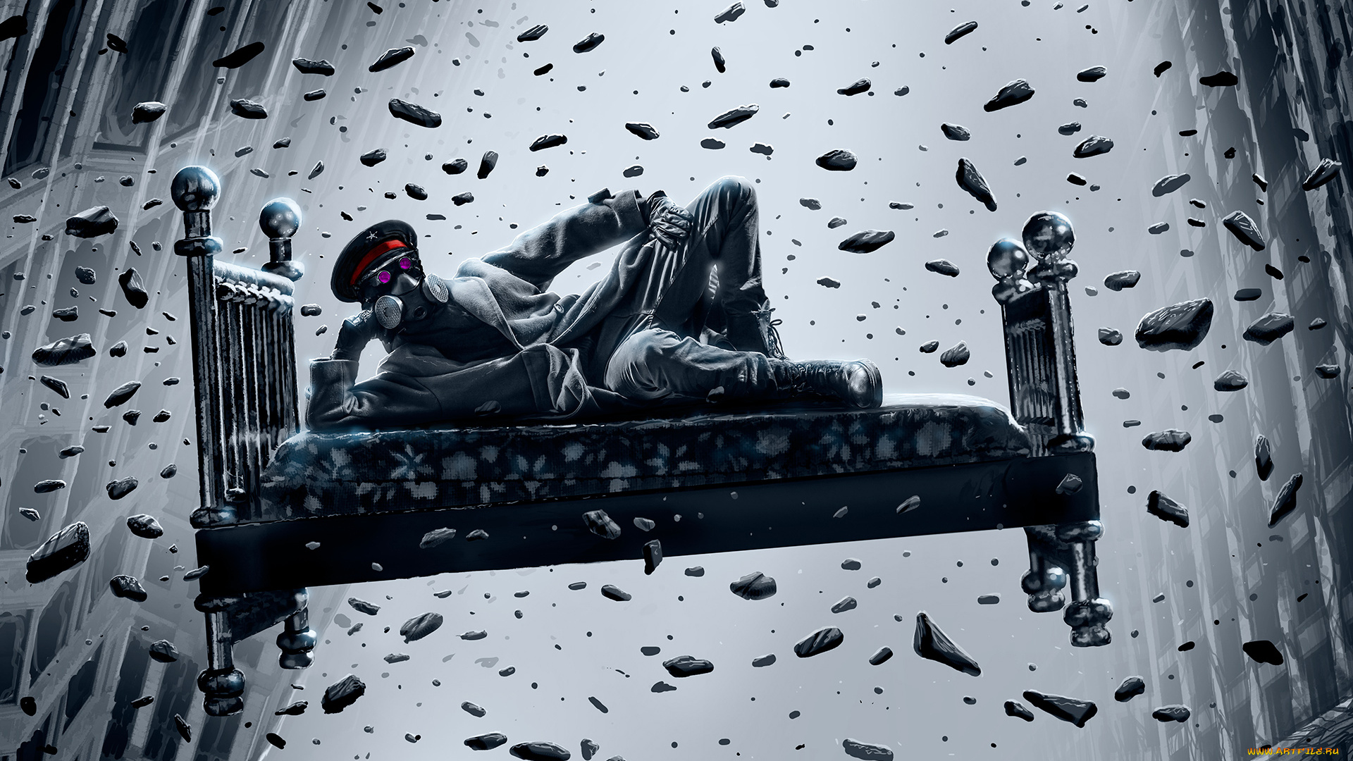 фэнтези, романтика, апокалипсиса, кровать, gravity, противогаз, zee, captain, alexiuss, art, romantically, apocalyptic