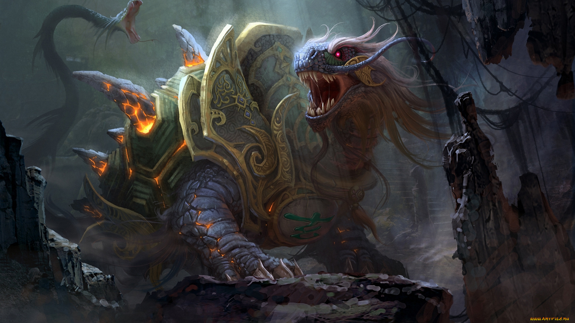 фэнтези, существа, арт, черепаха, скалы, гигантская, броня, змея, шипы