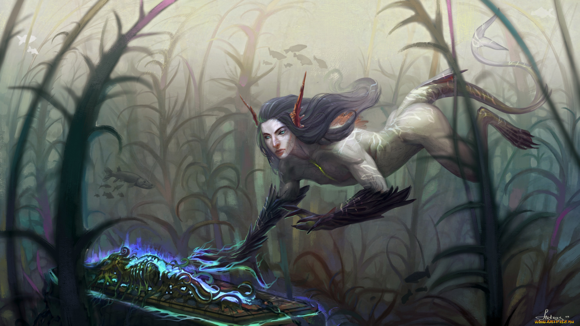 фэнтези, существа, существо, глубина, водоросли, рыба