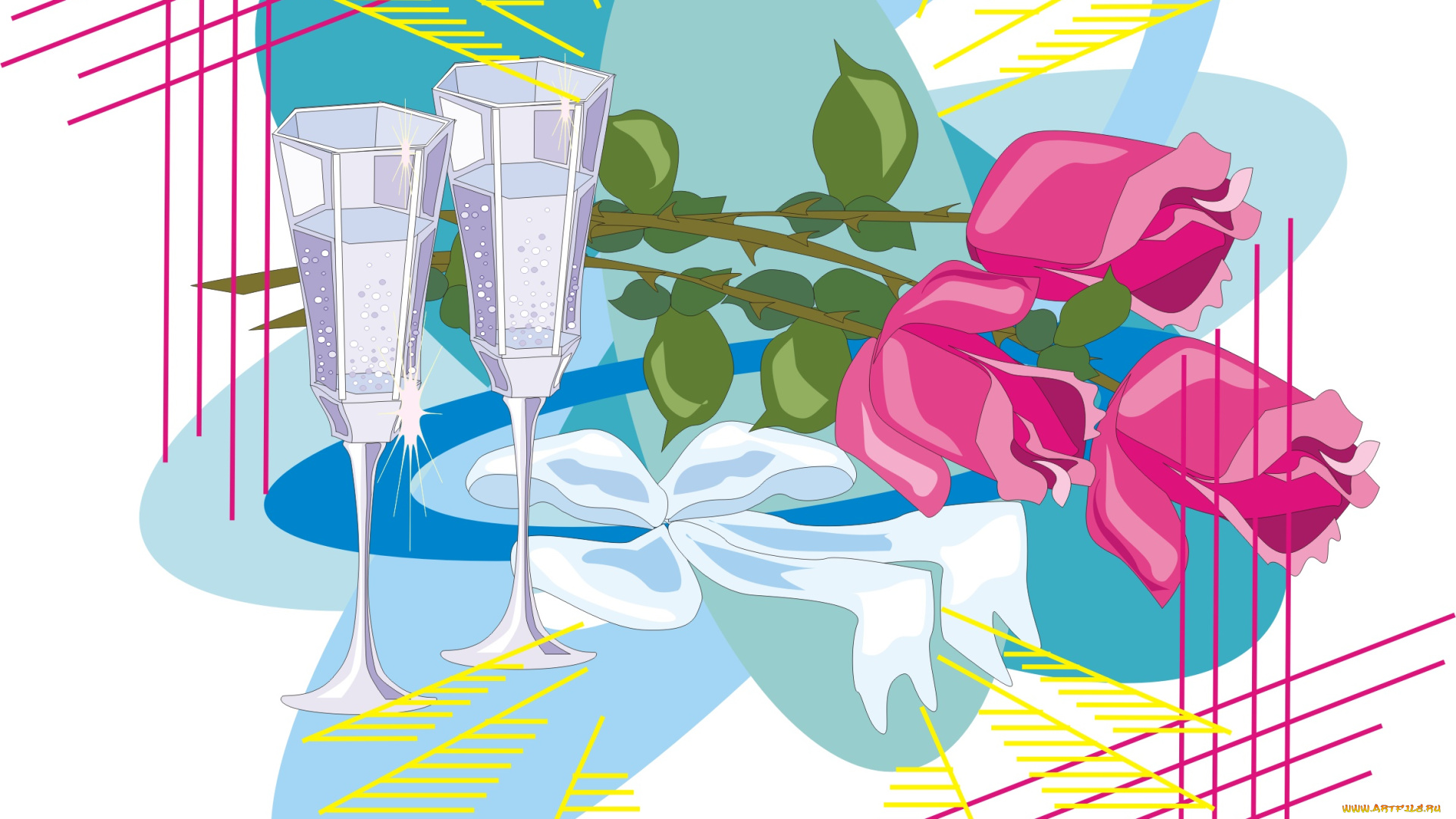 векторная, графика, цветы, , flowers, бокалы, розы