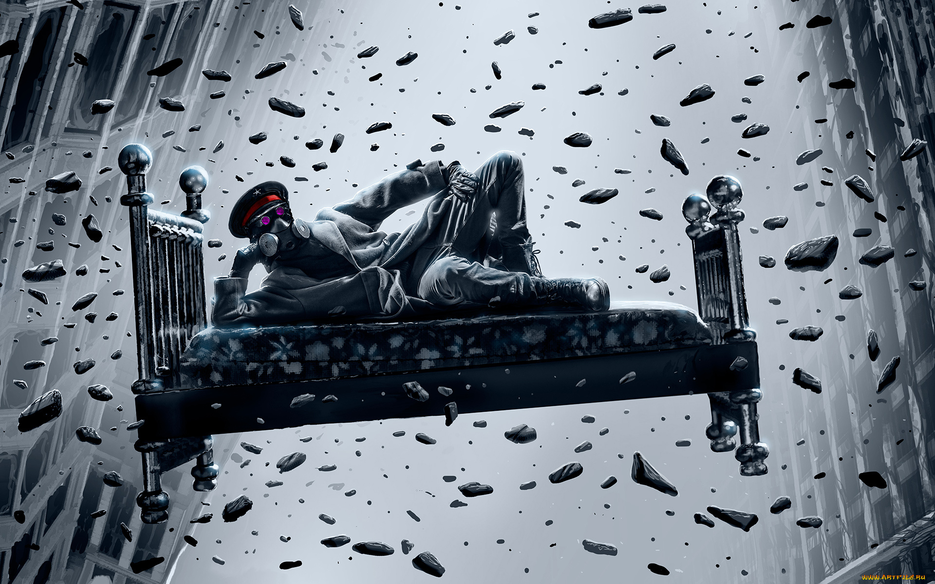 фэнтези, романтика, апокалипсиса, кровать, gravity, противогаз, zee, captain, alexiuss, art, romantically, apocalyptic