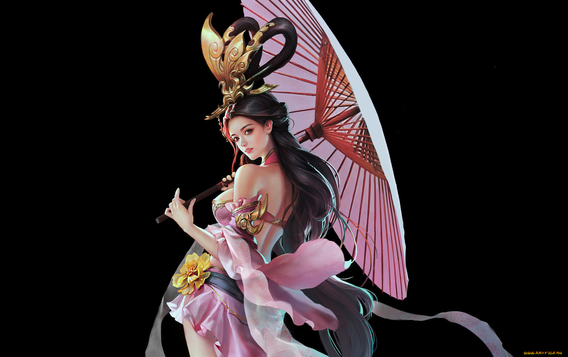 фэнтези, девушки, арт, девушка, взгляд, цветок, платье, зонт, фон