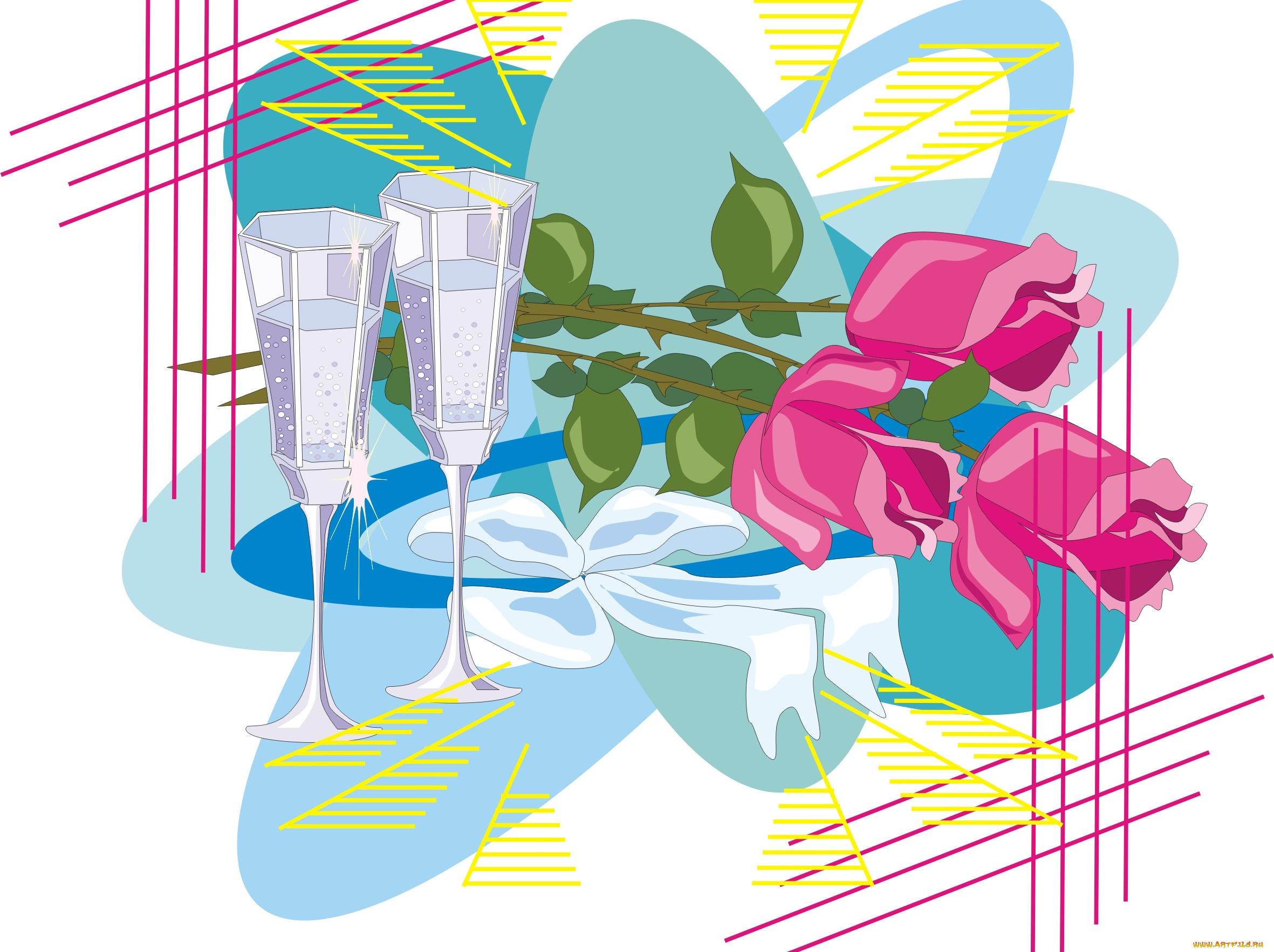 векторная, графика, цветы, , flowers, бокалы, розы