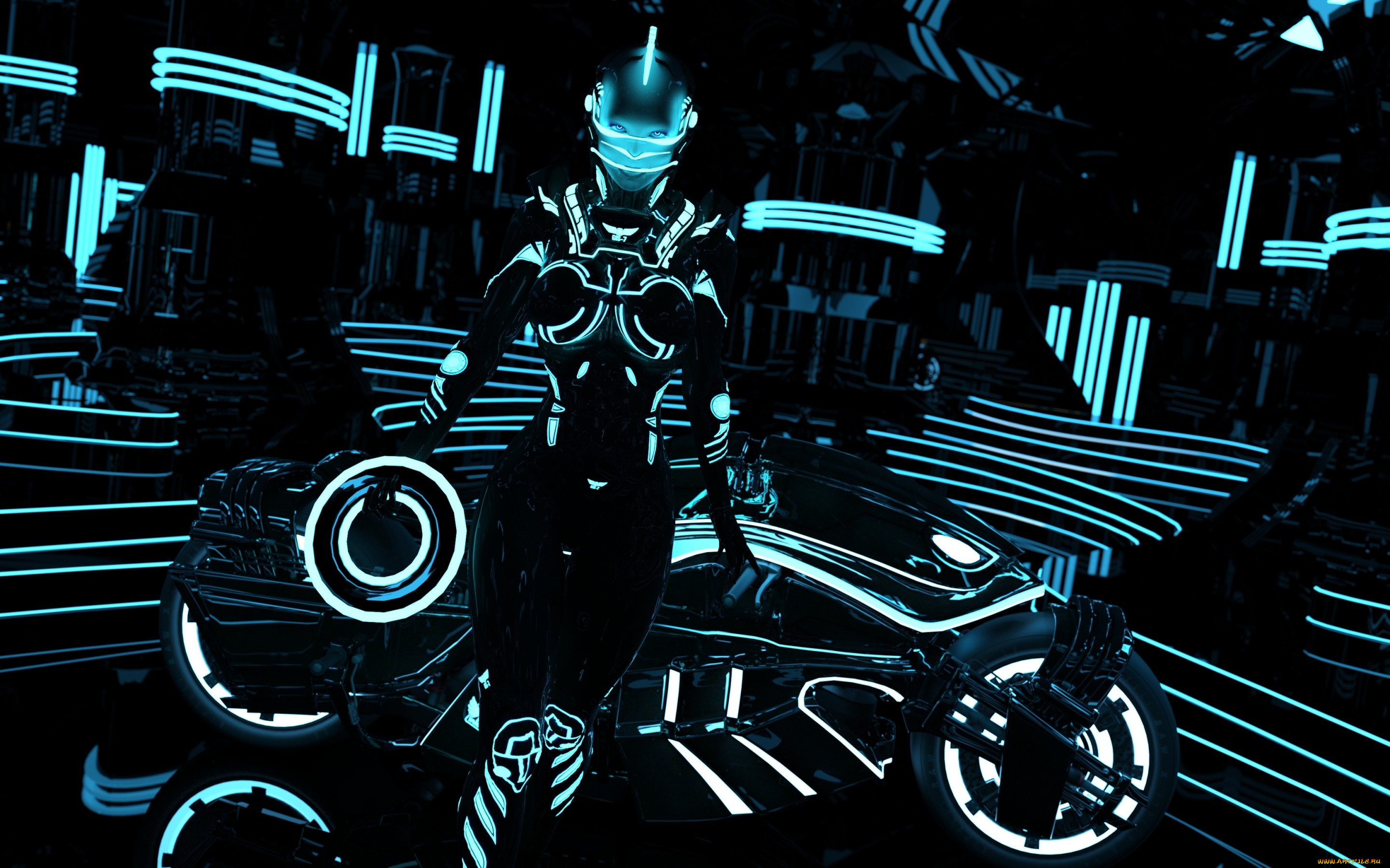 фэнтези, роботы, , киборги, , механизмы, фантастика, девушка, костюм, грудь, рендеринг, light, bike, tron