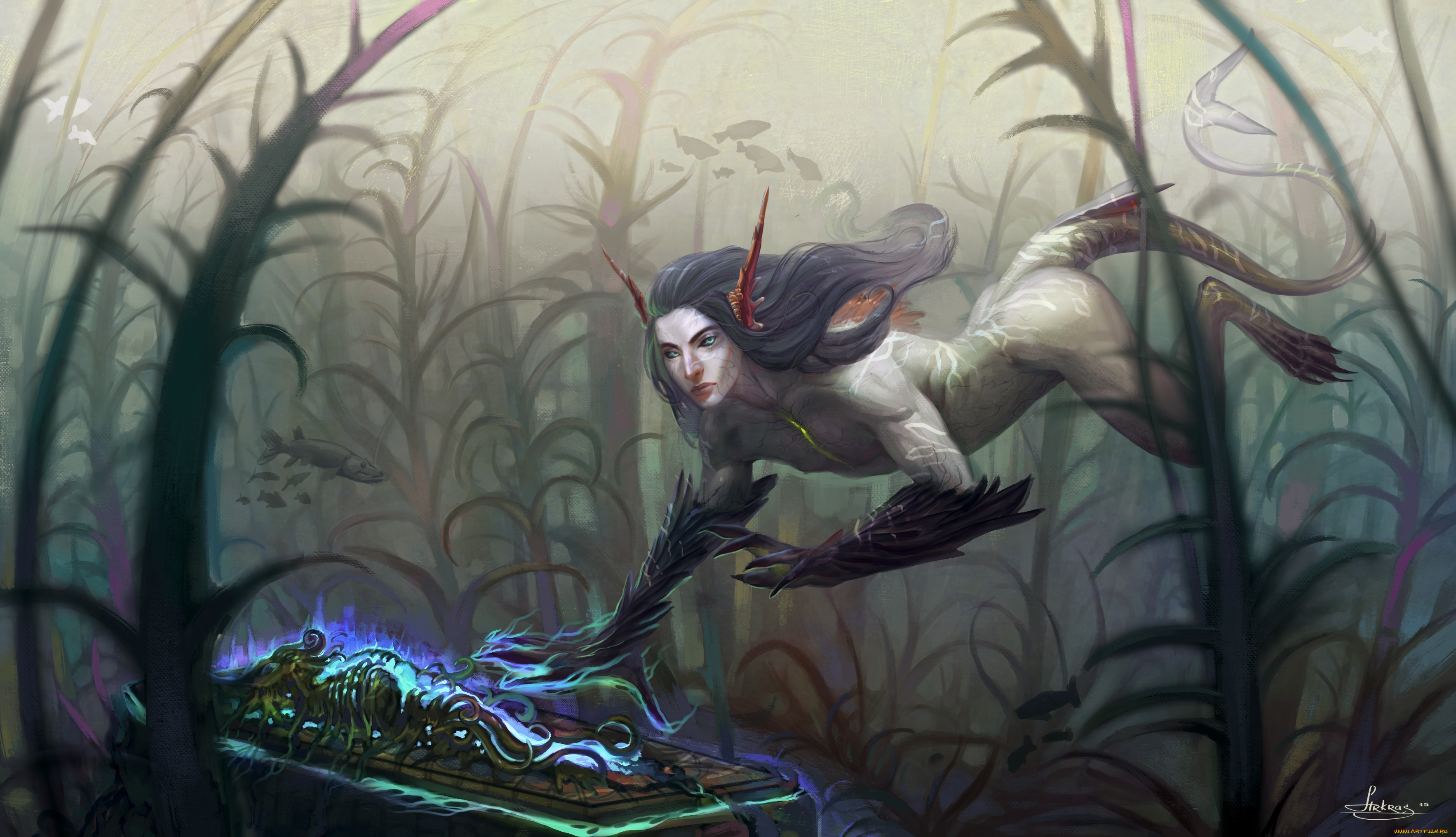 фэнтези, существа, существо, глубина, водоросли, рыба