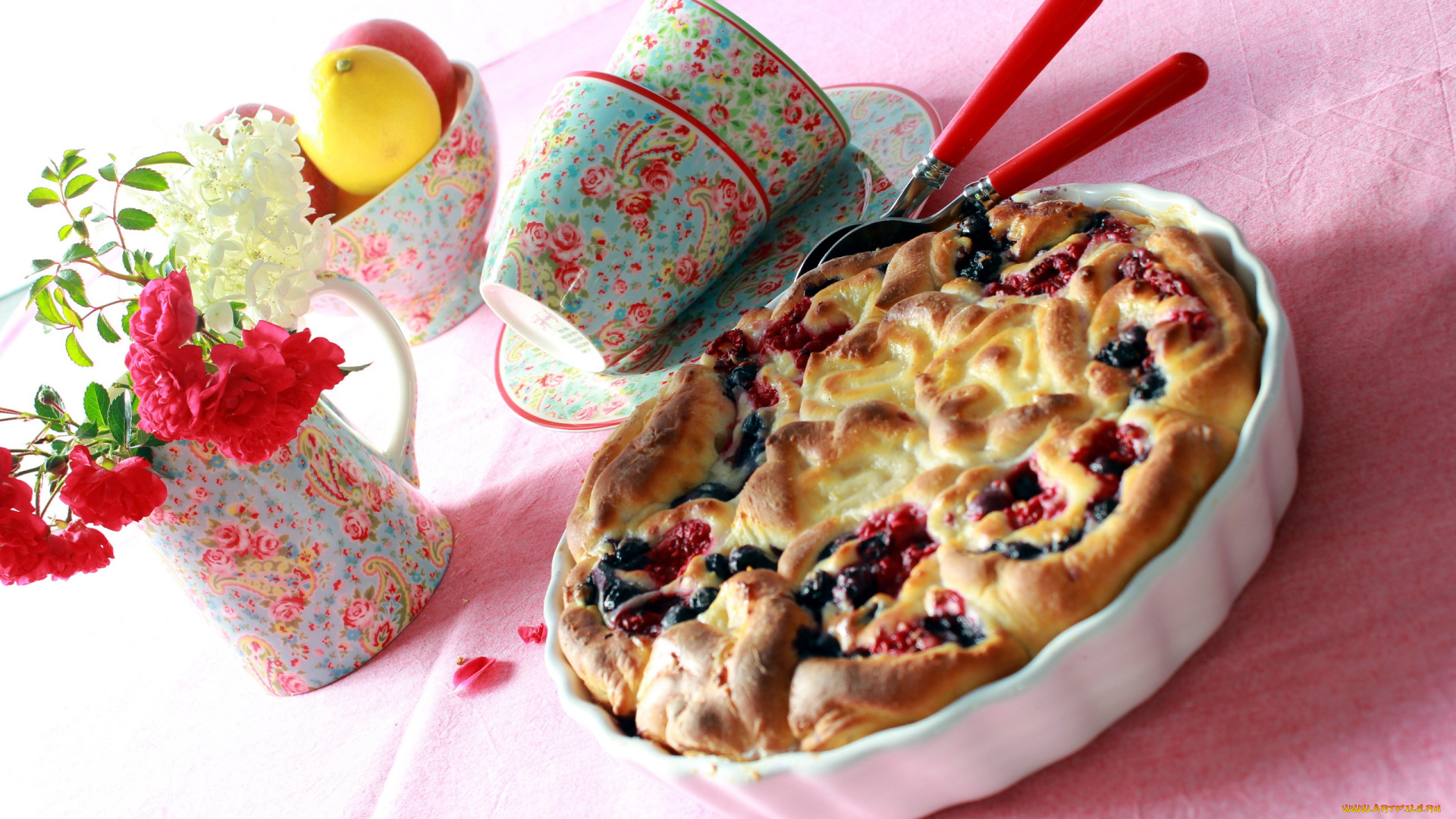 еда, пироги, лимон, пирог, цветы