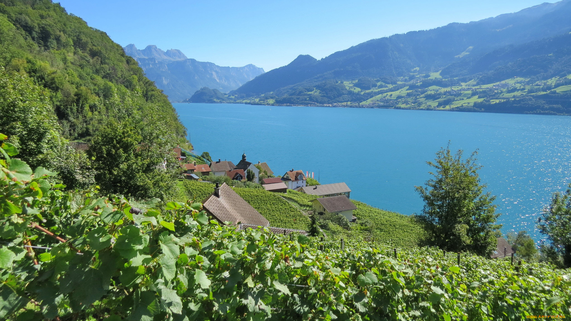 города, -, пейзажи, горы, озеро