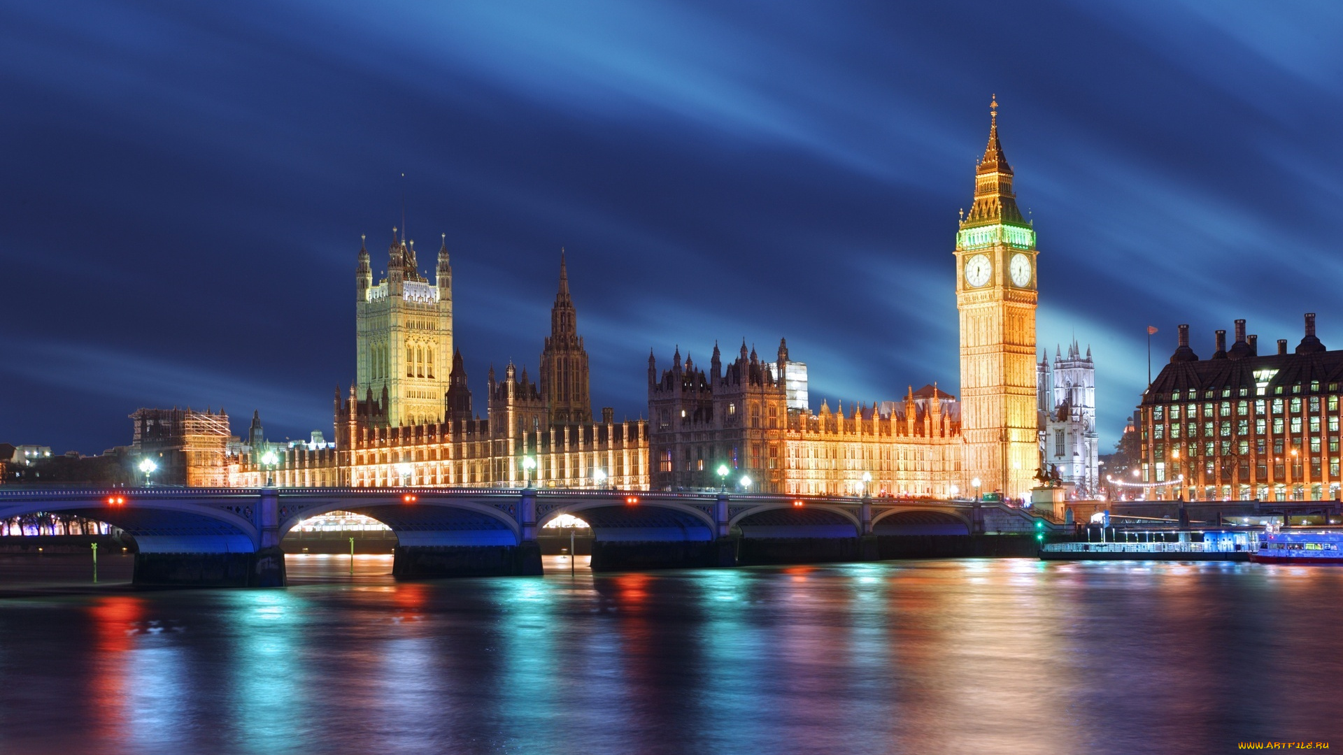 города, лондон, , великобритания, вечер, огни, река, мост, темза, биг, бен