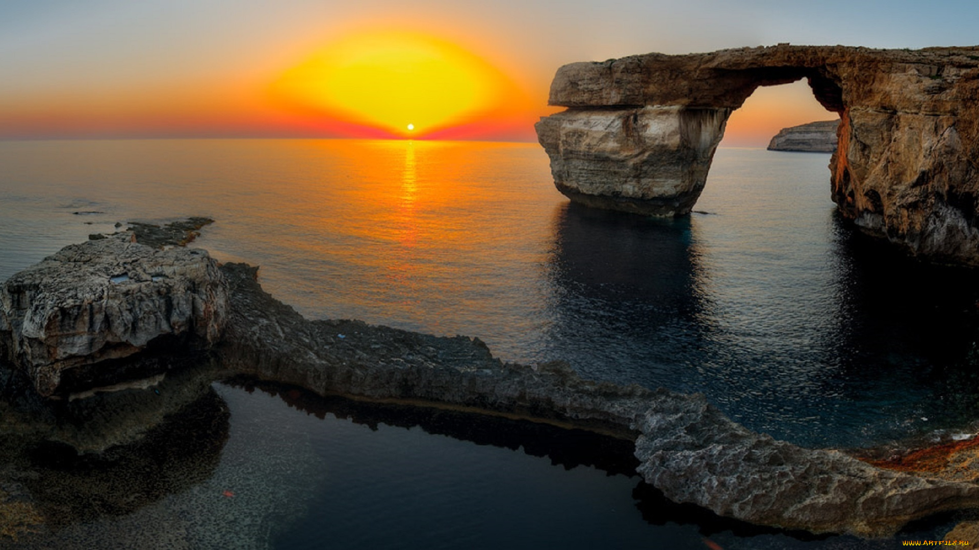 природа, восходы, закаты, мальта, лазурное, окно, скала, закат