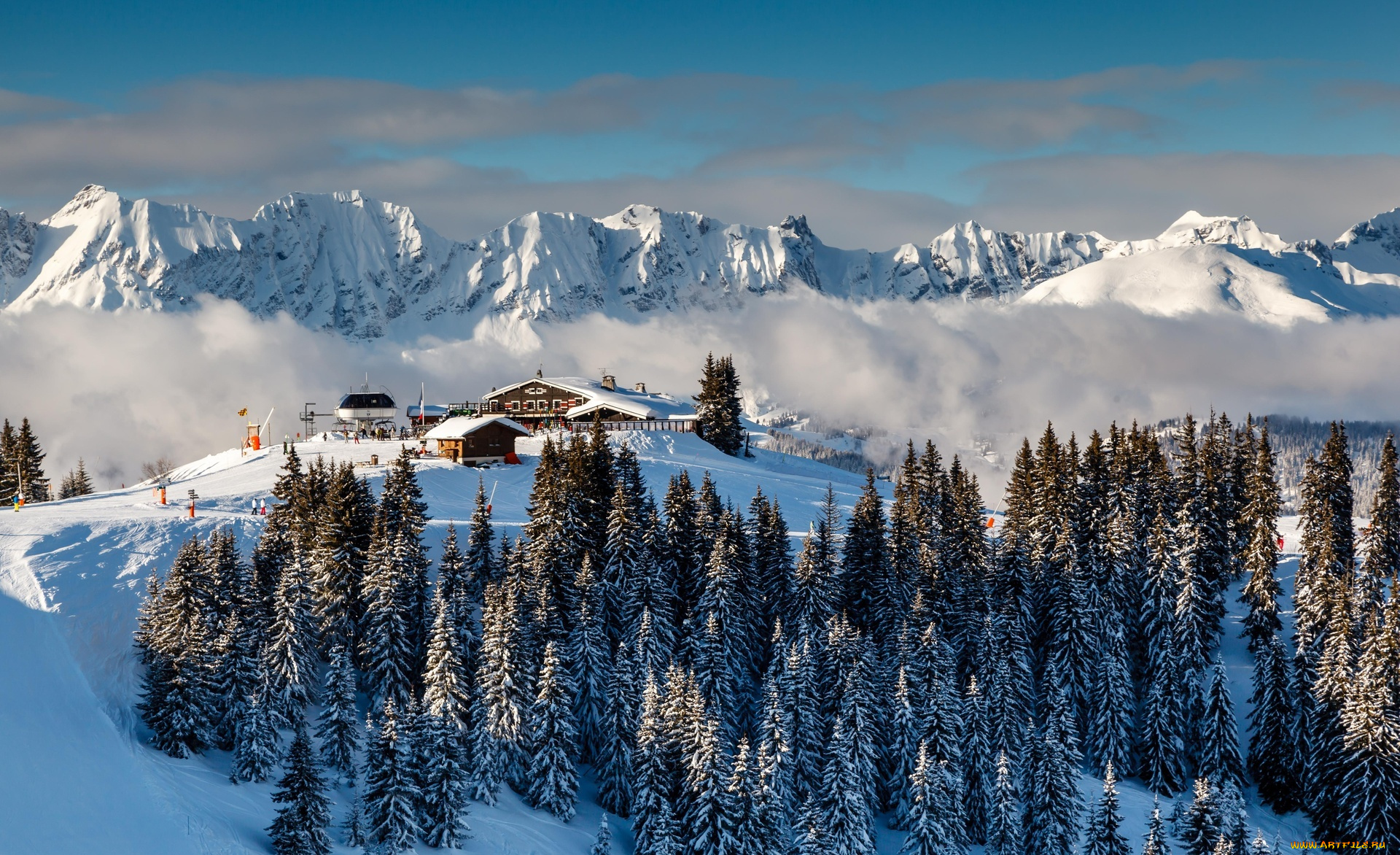 города, -, пейзажи, горы, снег, зима, деревья, коттедж