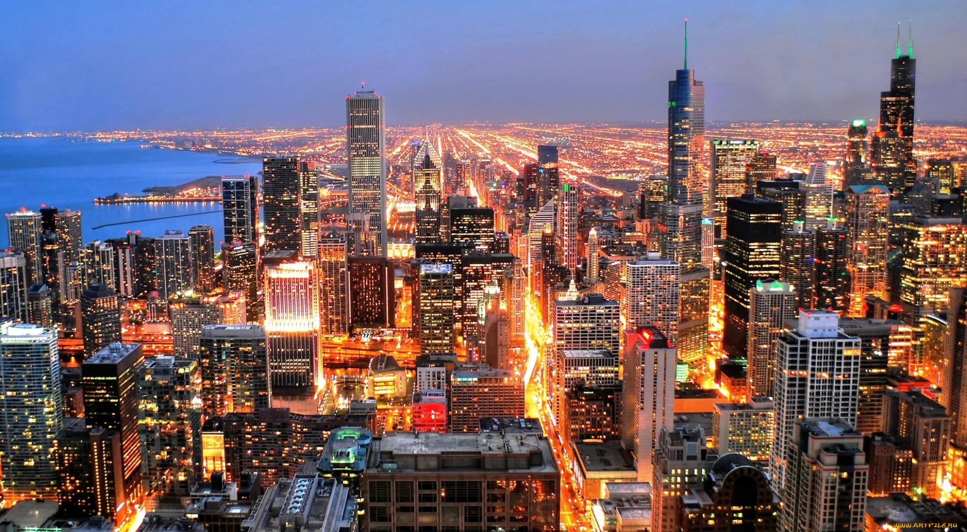 города, -, огни, ночного, города, город, дома, здания, улица, панорама, огни, море