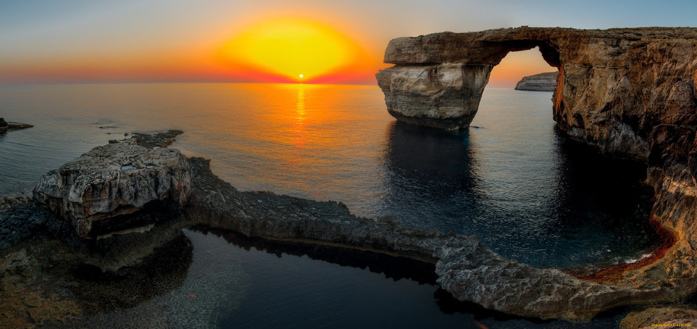 природа, восходы, закаты, мальта, лазурное, окно, скала, закат