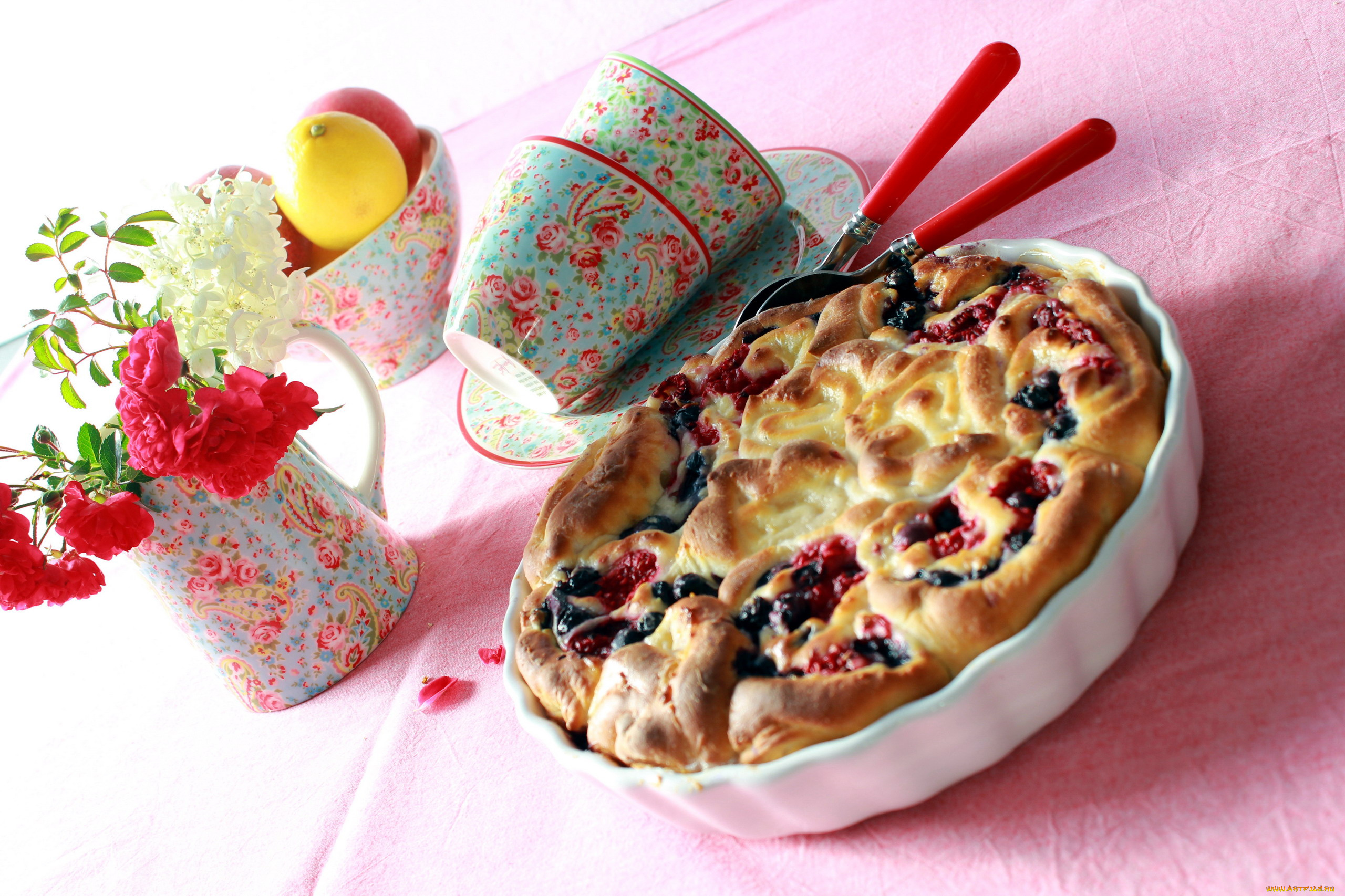 еда, пироги, лимон, пирог, цветы