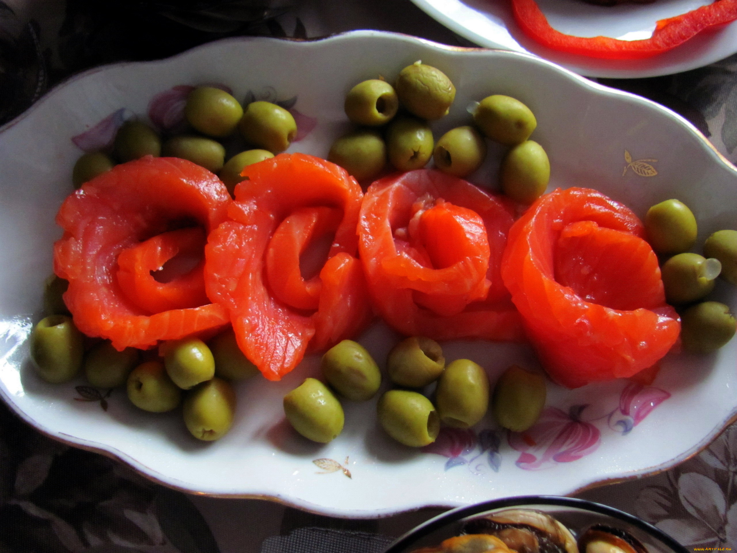 еда, рыбные, блюда, , с, морепродуктами, форель, оливки