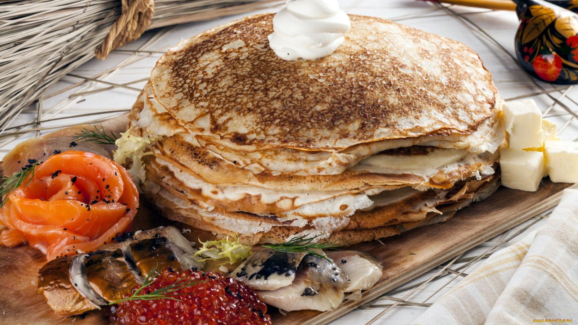 еда, блины, , оладьи, икра, форель, селедка