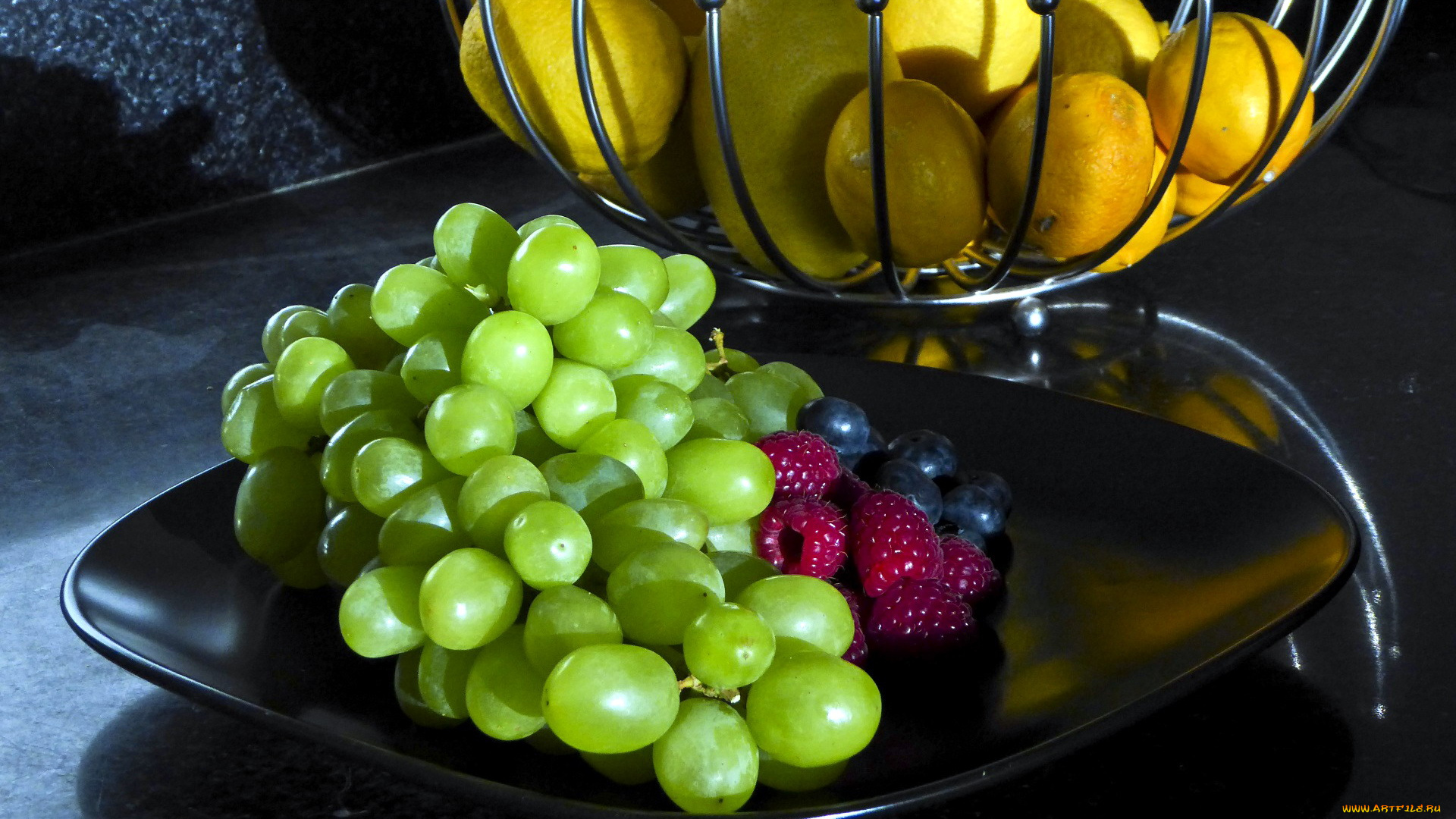 еда, фрукты, , ягоды, виноград, лимоны, малина, черника