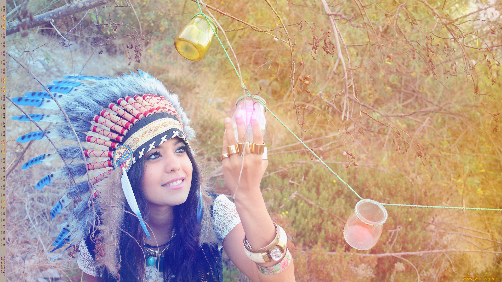 календари, девушки, взгляд, перья, банка