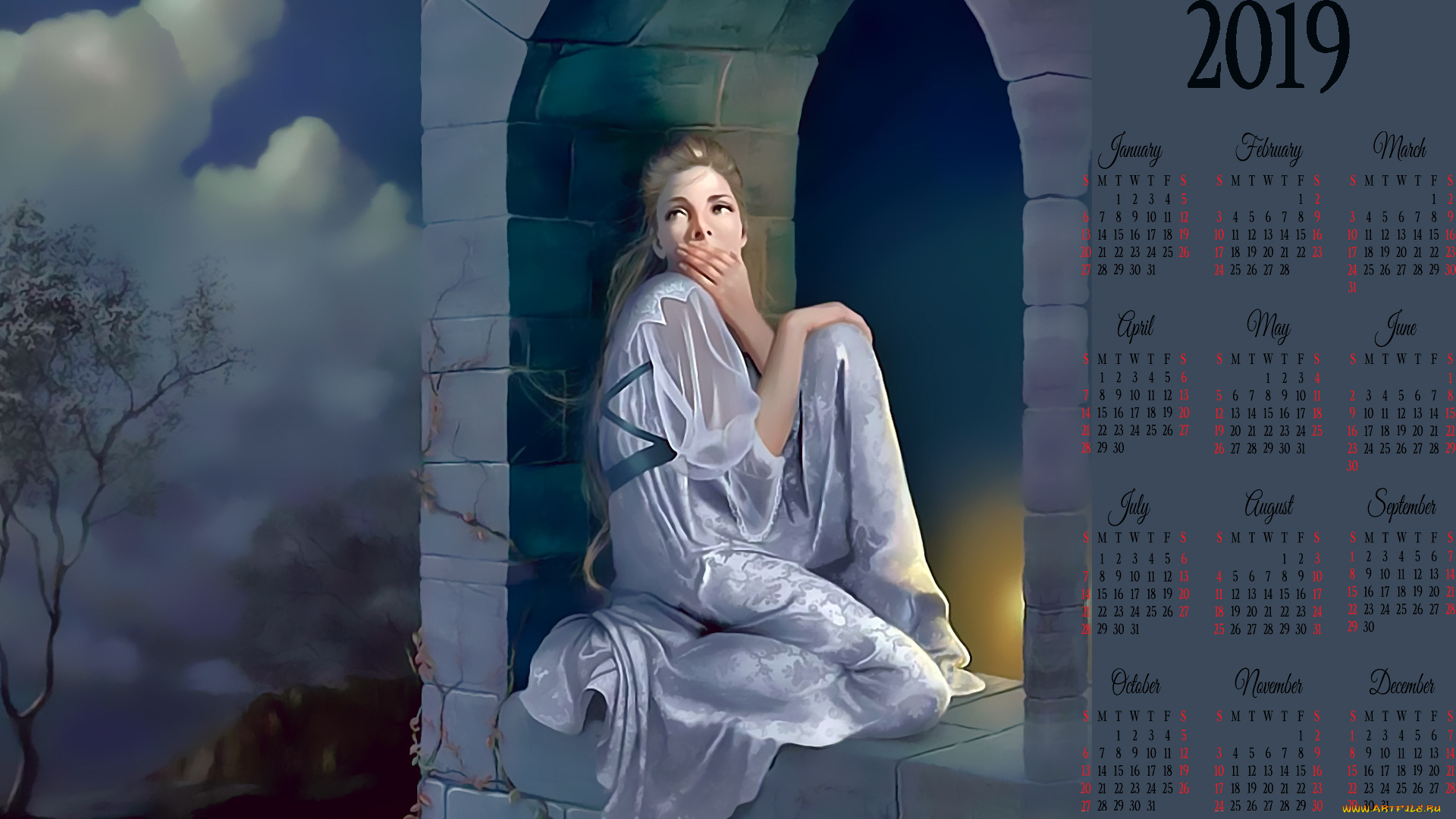 календари, фэнтези, окно, девушка