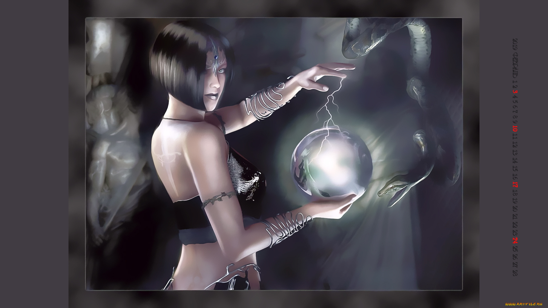 календари, фэнтези, змея, шар, девушка, магия