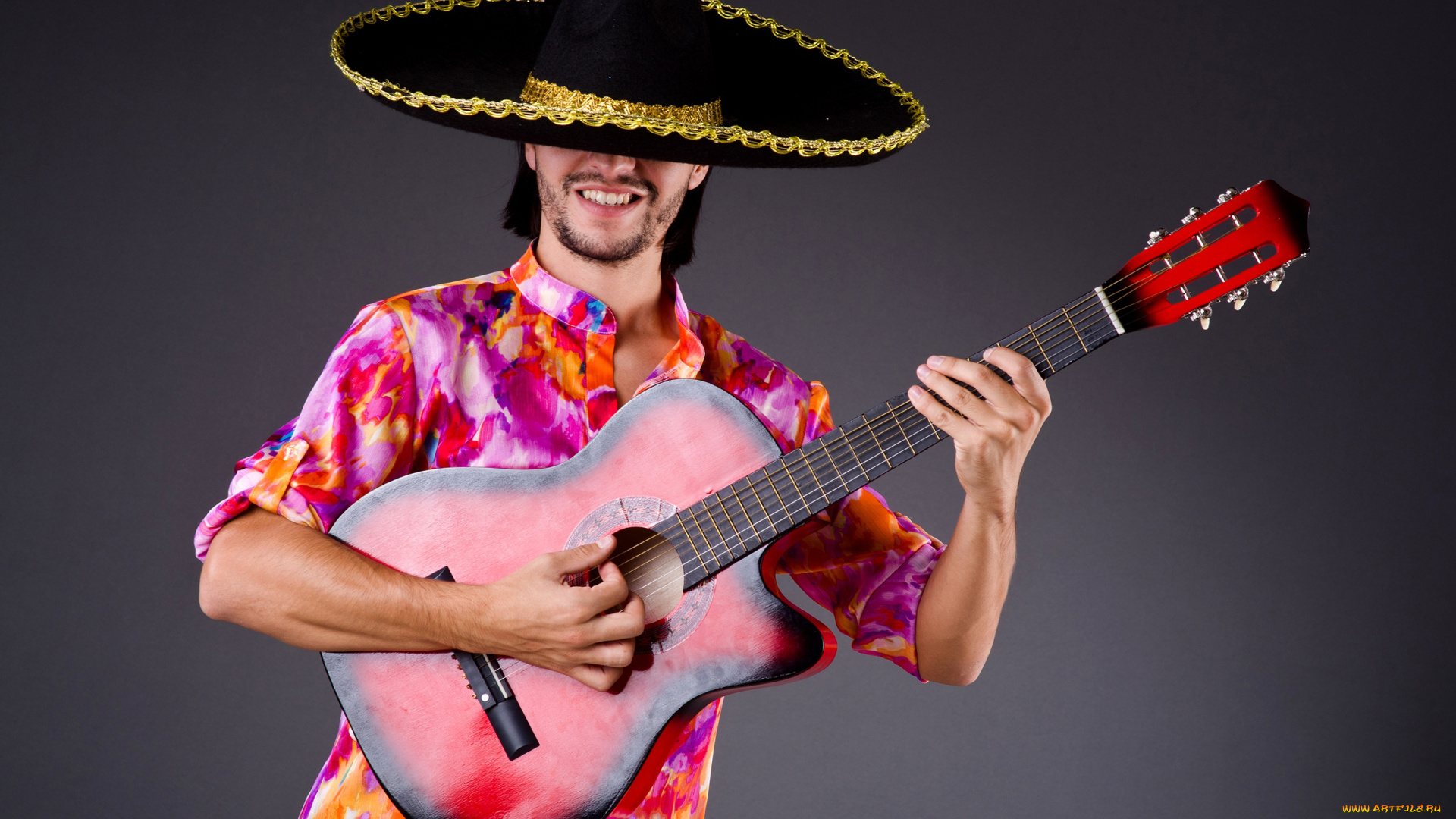 музыка, -другое, поза, фон, гитара, шляпа, наряд, мужчина