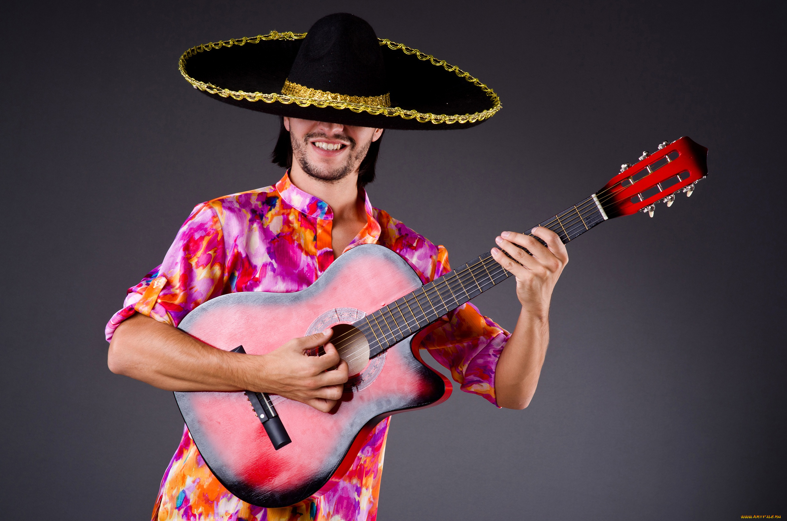 музыка, -другое, поза, фон, гитара, шляпа, наряд, мужчина