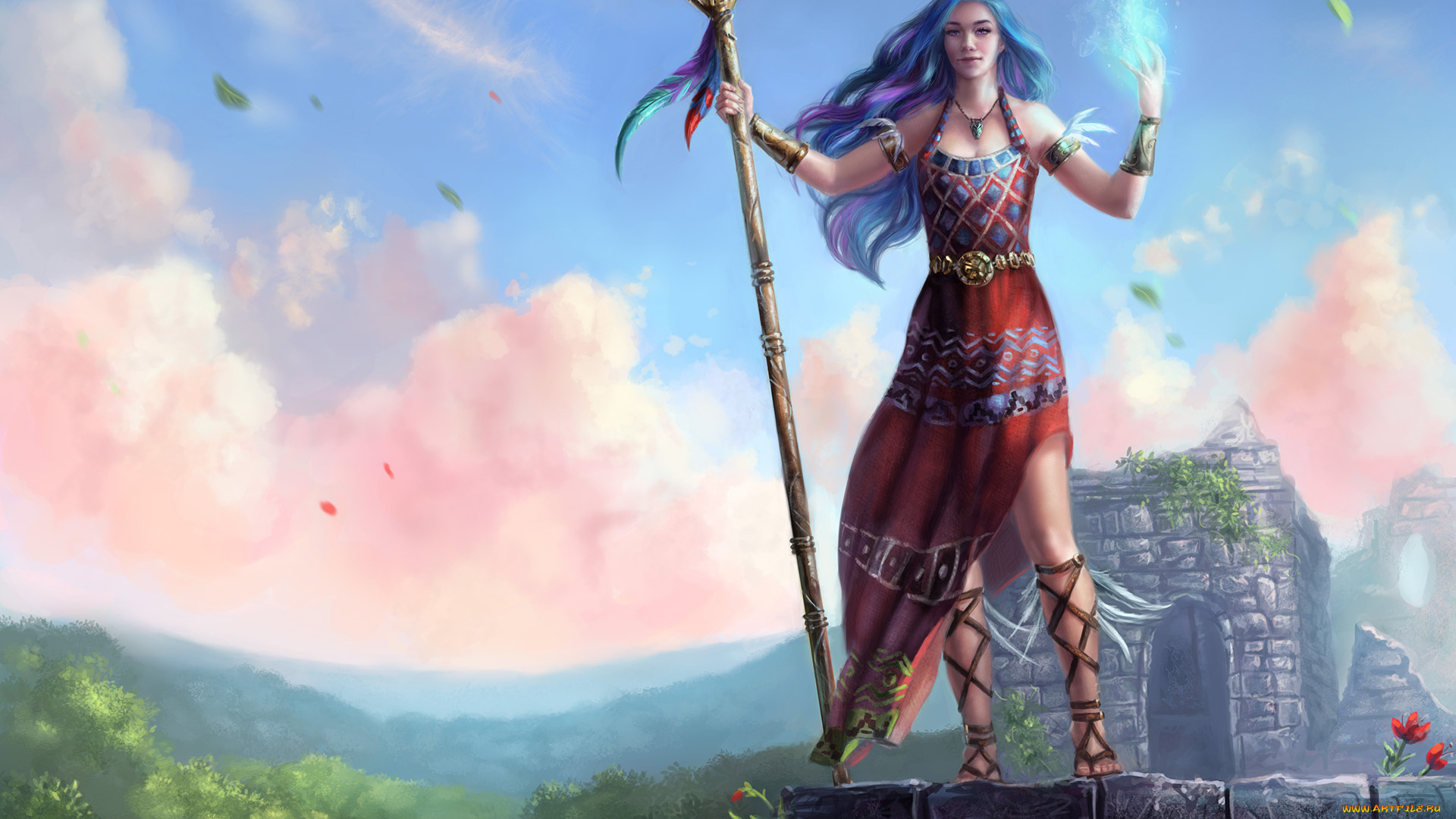 фэнтези, маги, , волшебники, девушка, фон, взгляд, магия, посох