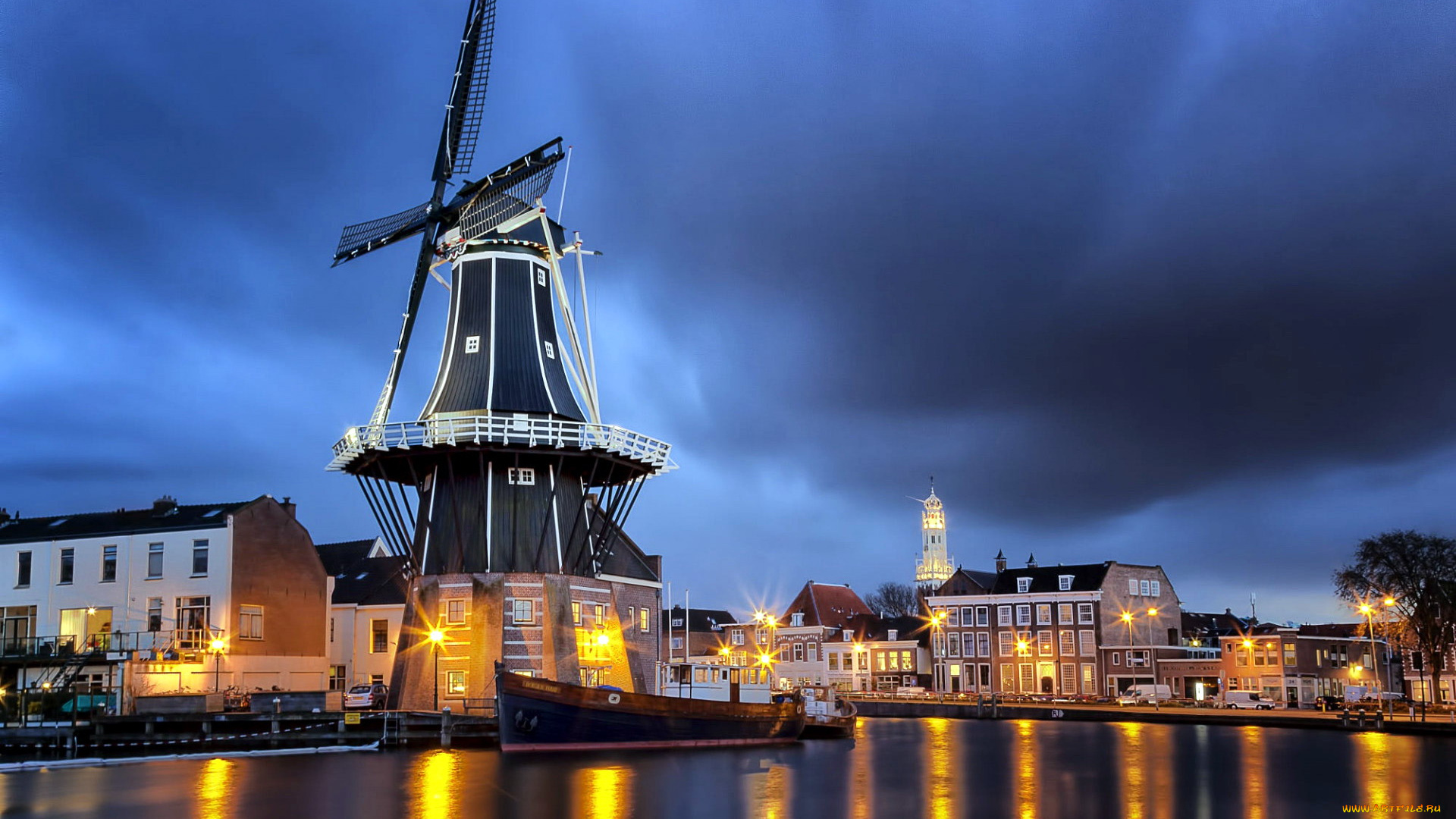 haarlem, netherlands, города, -, огни, ночного, города