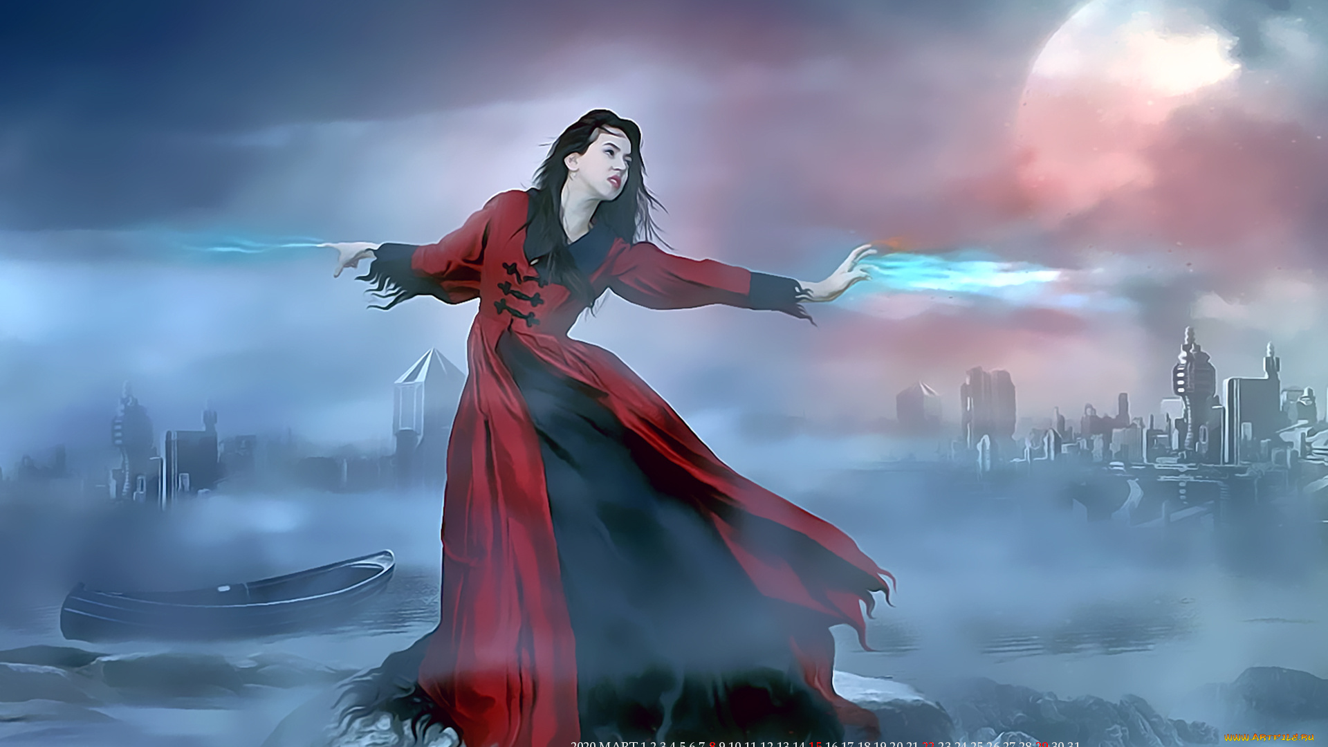 календари, фэнтези, девушка, магия, город, calendar, 2020