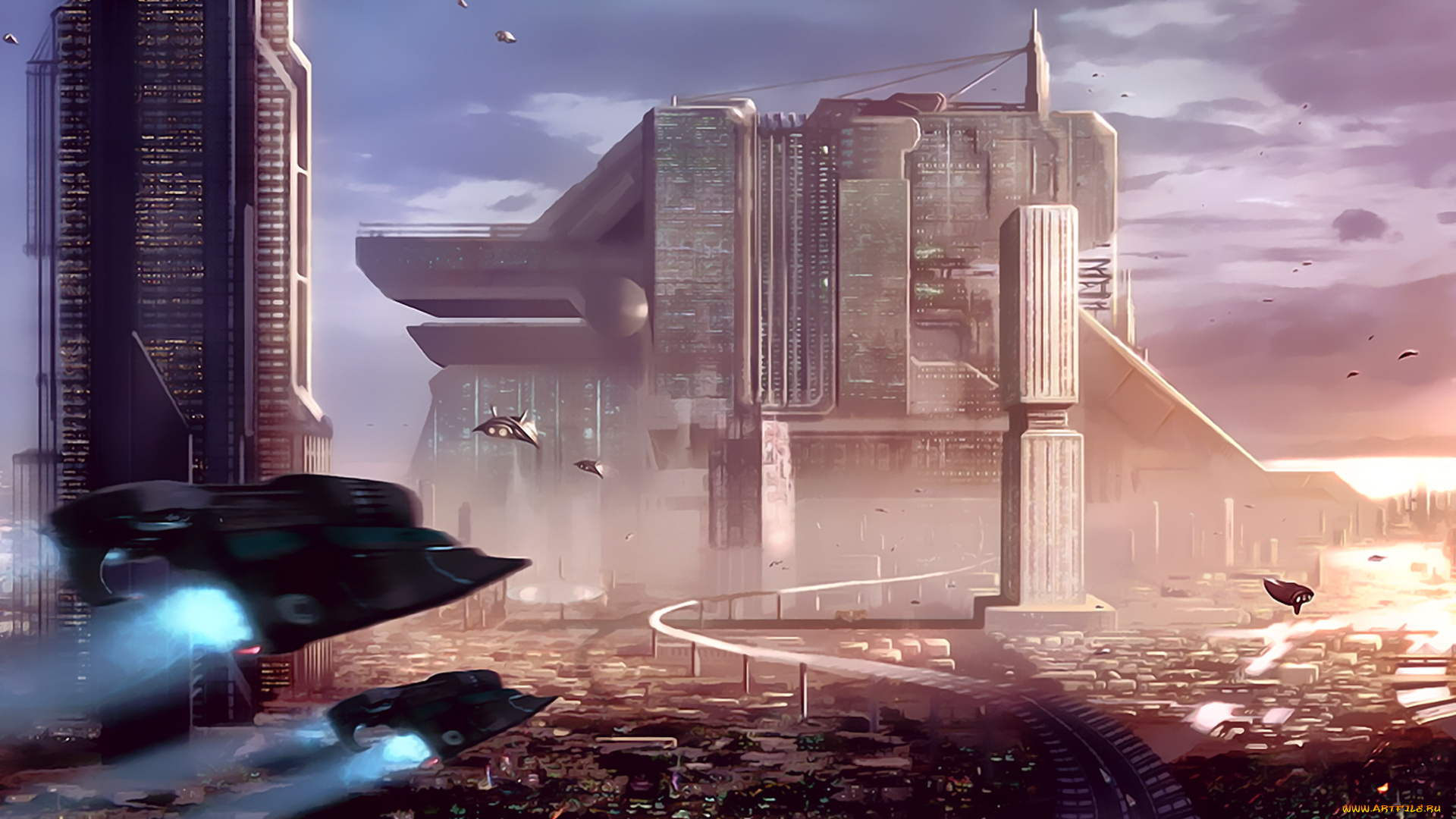 календари, фэнтези, звездолет, город, здание, полет, calendar, 2020