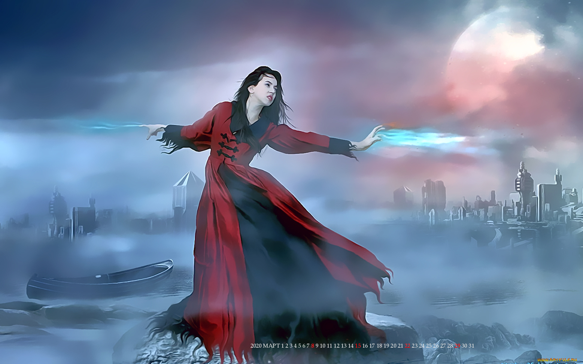 календари, фэнтези, девушка, магия, город, calendar, 2020