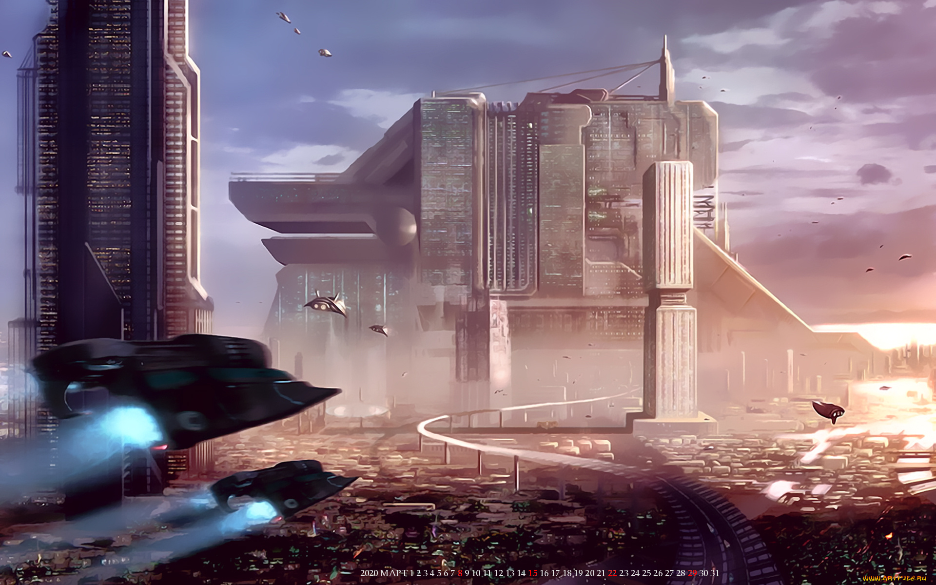 календари, фэнтези, звездолет, город, здание, полет, calendar, 2020