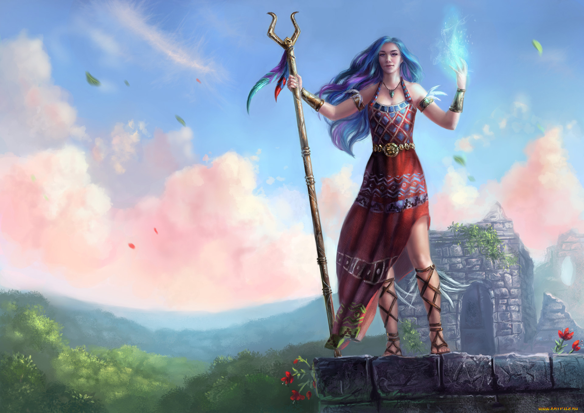 фэнтези, маги, , волшебники, девушка, фон, взгляд, магия, посох