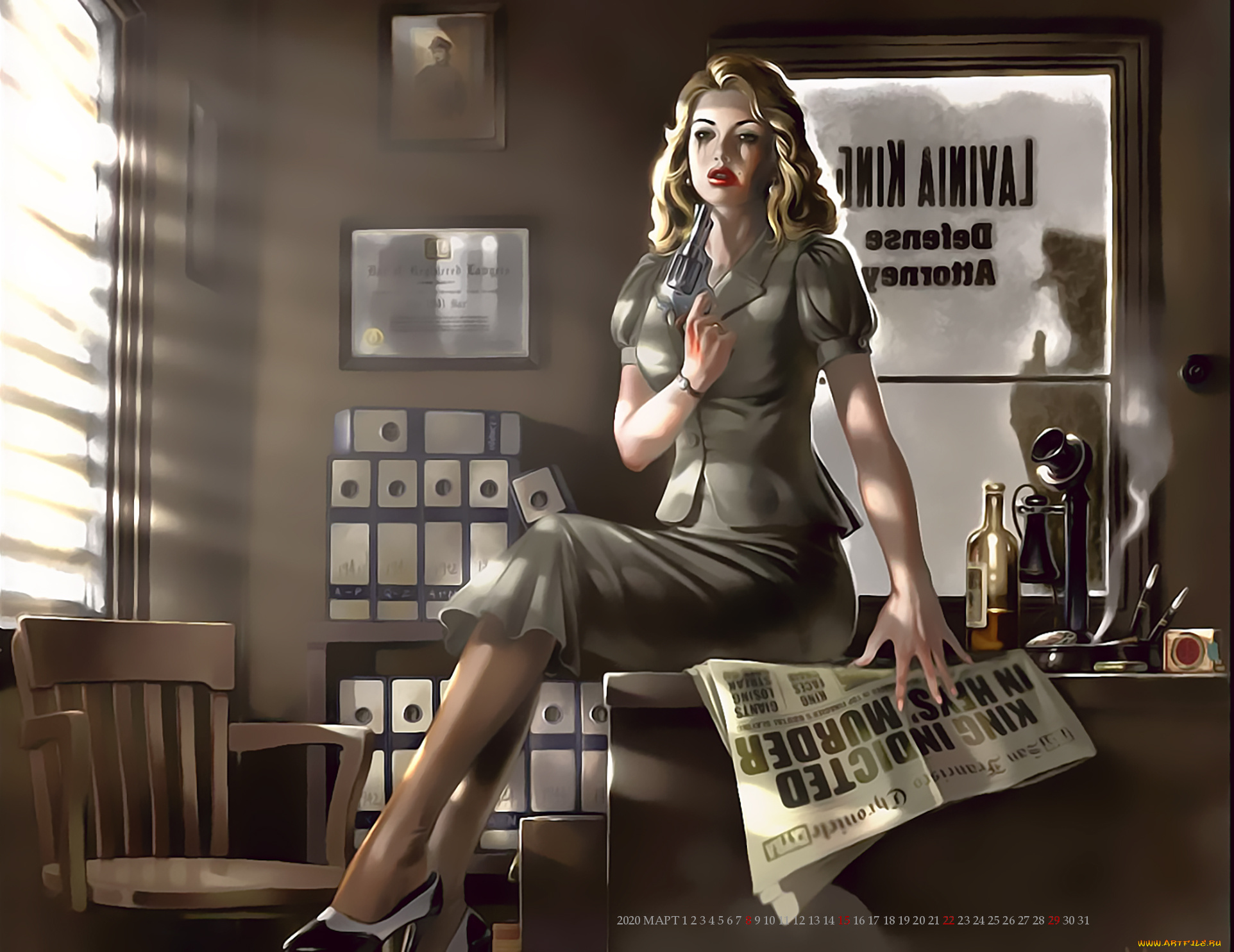 календари, фэнтези, женщина, оружие, газета, бутылка, помещение, calendar, 2020