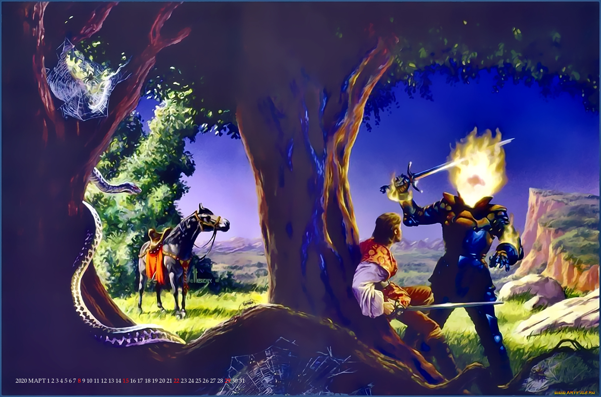 календари, фэнтези, мужчина, огонь, конь, оружие, природа, лошадь, существо, calendar, 2020