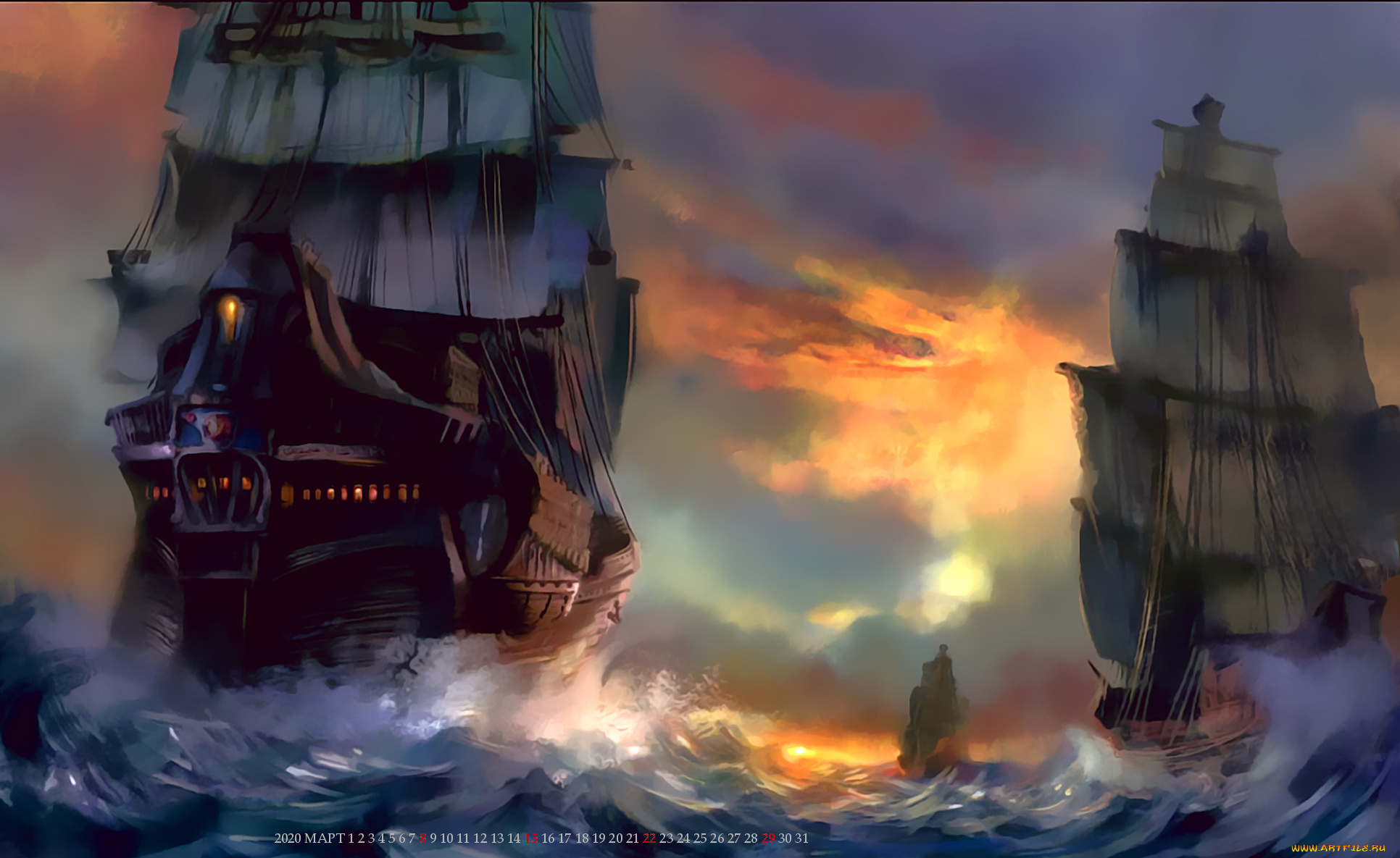 календари, фэнтези, парусник, море, корабль, водоем, вода, calendar, 2020