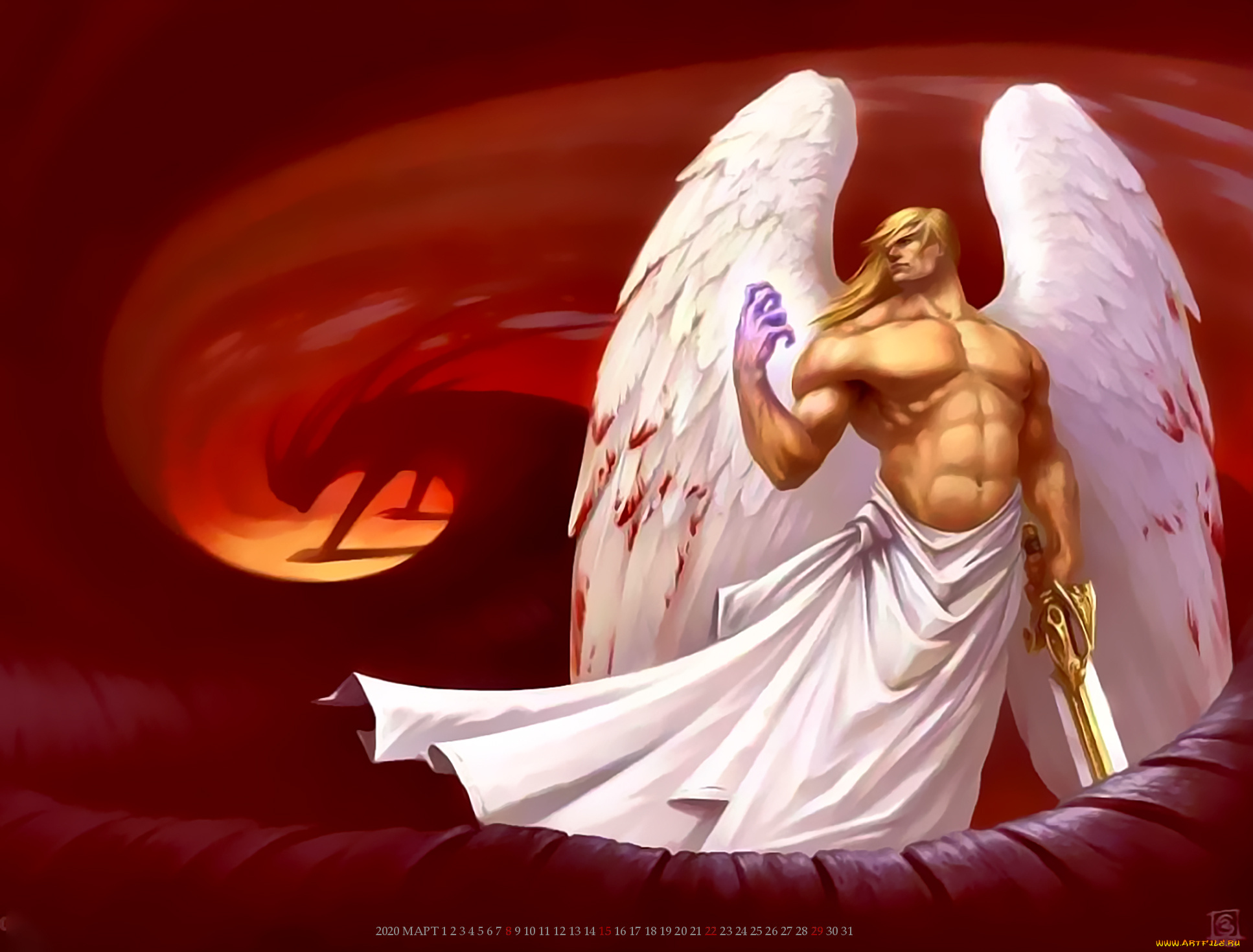 календари, фэнтези, мужчина, крылья, ангел, оружие, calendar, 2020