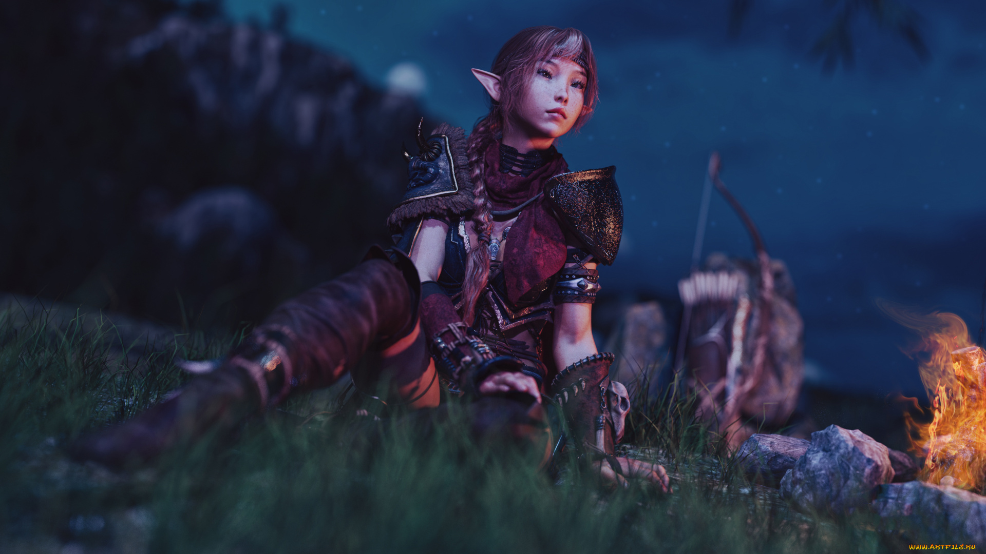 3д, графика, эльфы, , elves, девушка, фон, взгляд, костер, униформа