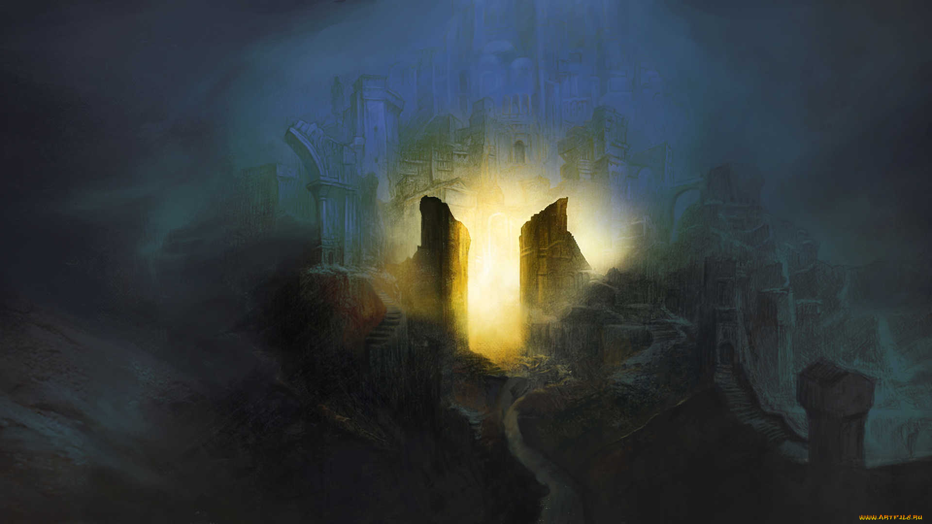 фэнтези, замки, город, свет