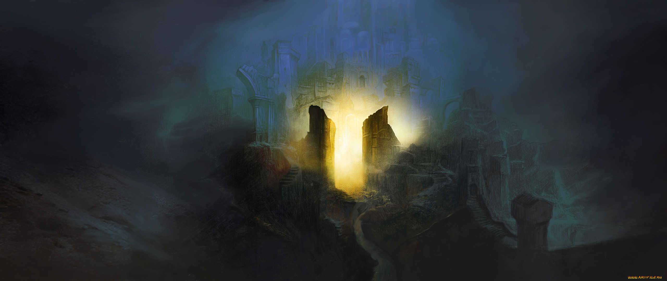 фэнтези, замки, город, свет