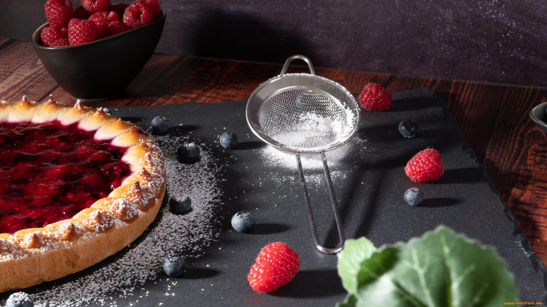 еда, пироги, малина, пирог, черника, сахарная, пудра