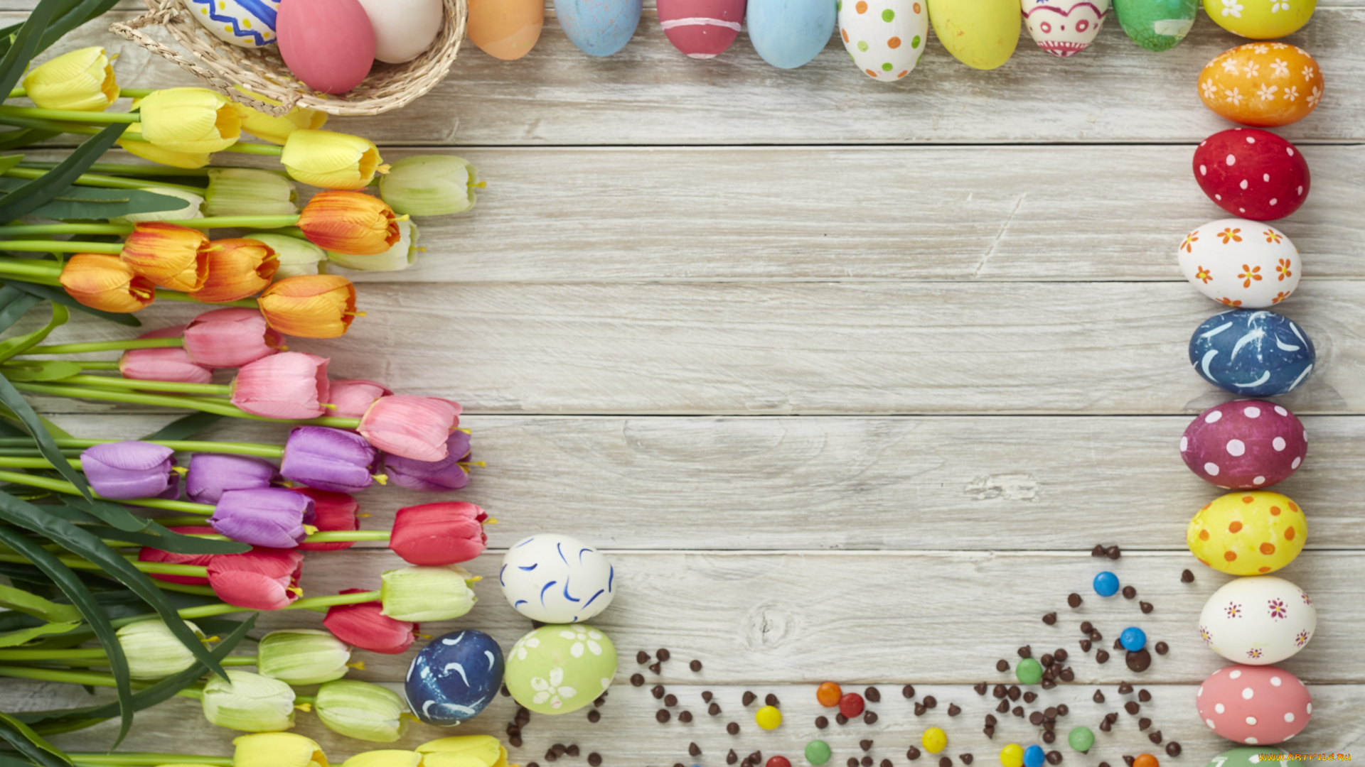 праздничные, пасха, корзина, яйца, тюльпаны