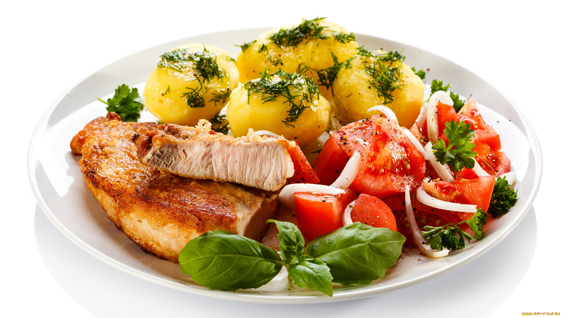 еда, мясные, блюда, картошка, стейк, помидоры