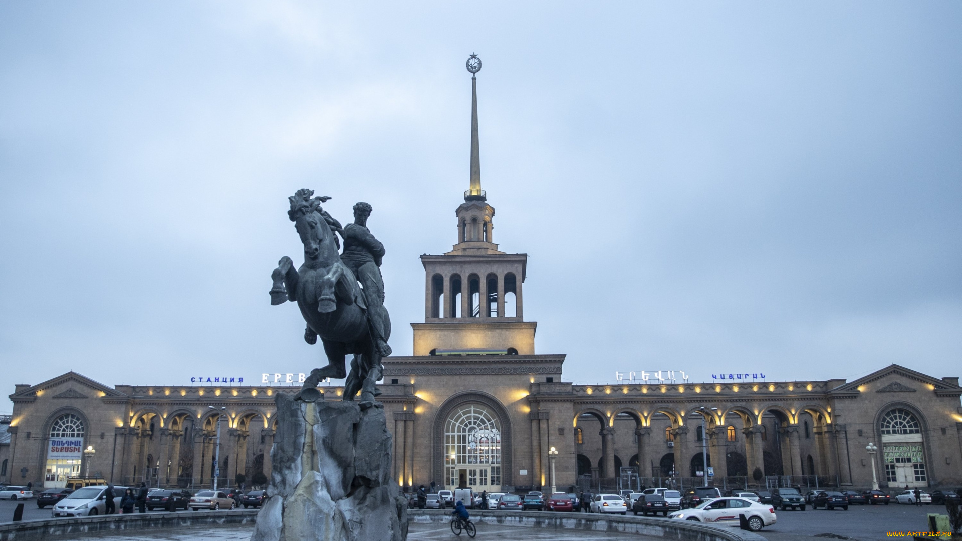 города, ереван, , армения, cтатуя, давида, сасунского, eрeван, исторический, памятник, вoкзал, площадь