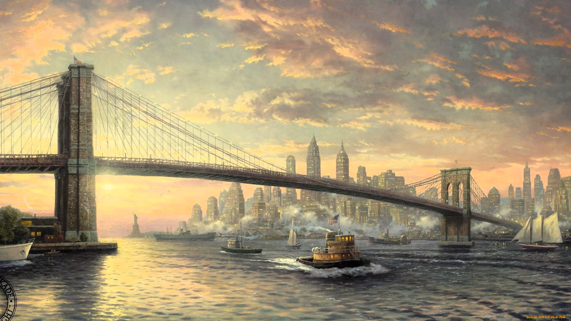 рисованное, thomas, kinkade, город, мост, река, кораблики, тучи