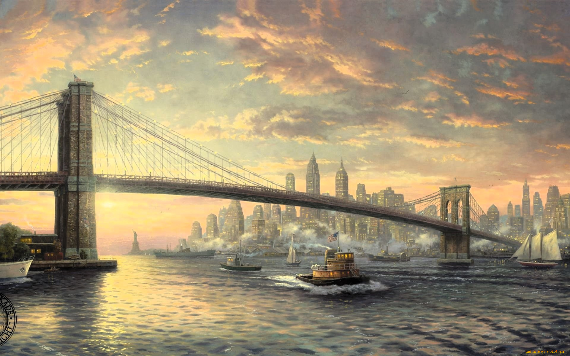 рисованное, thomas, kinkade, город, мост, река, кораблики, тучи