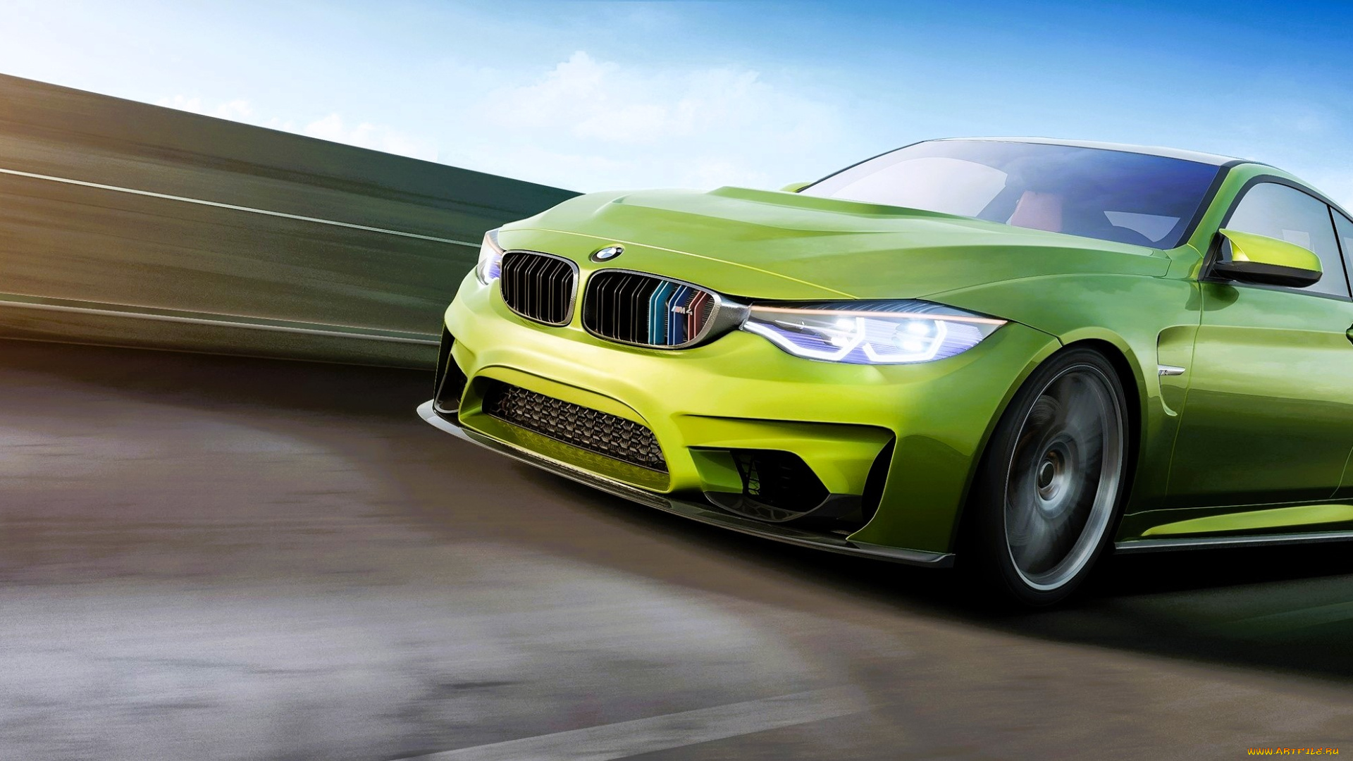 bmw, m4, автомобили, 3д, зеленый, скорость, дорога